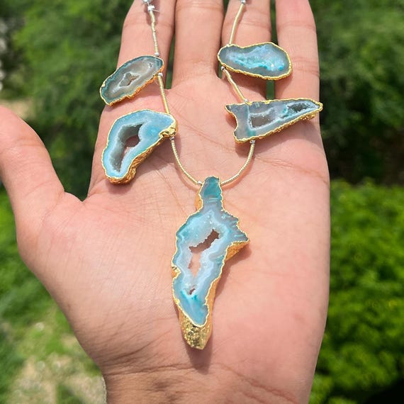 Gold Electroplated Green Geode Slice Strand: Drilled Beaded