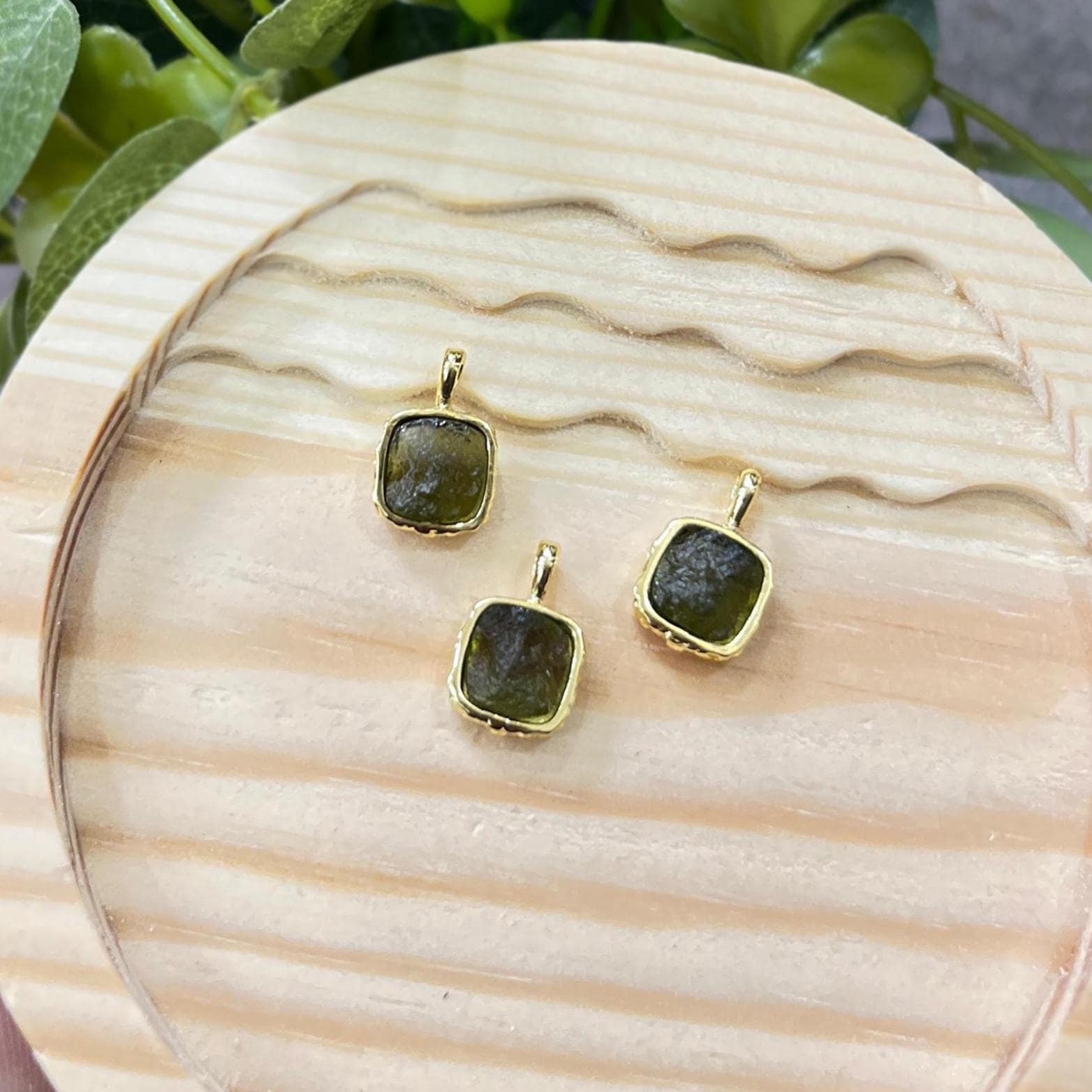 Raw Moldavite Pendant, Gold Plated Czech Meteorite Connector Charm Jewelry 1 Pcs