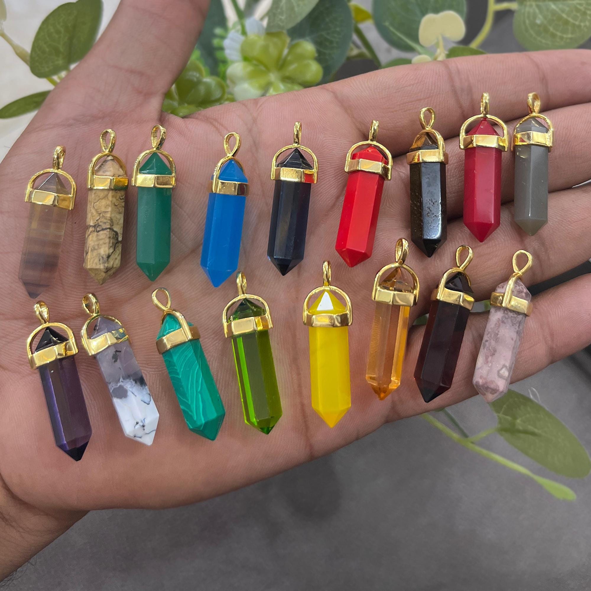 Natural Gemstone Chalcedony Pencil Pendant, Gold Plated Necklace Connector