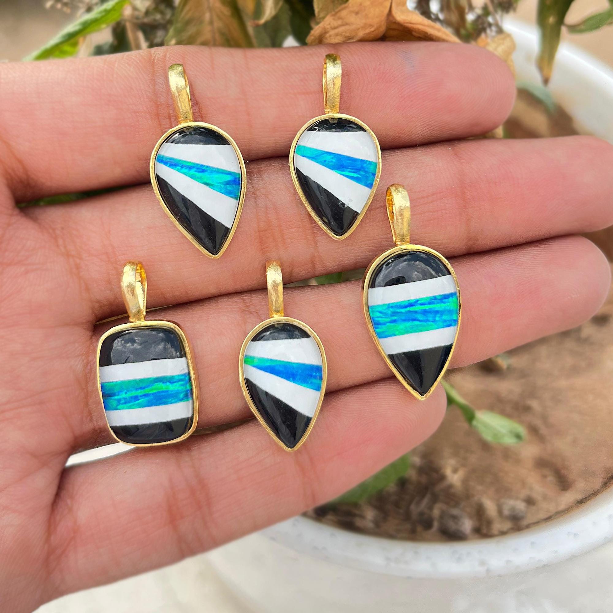 Gold Plated Black Onyx & Aurora Opal Pendant, Triplet Gemstone Charm