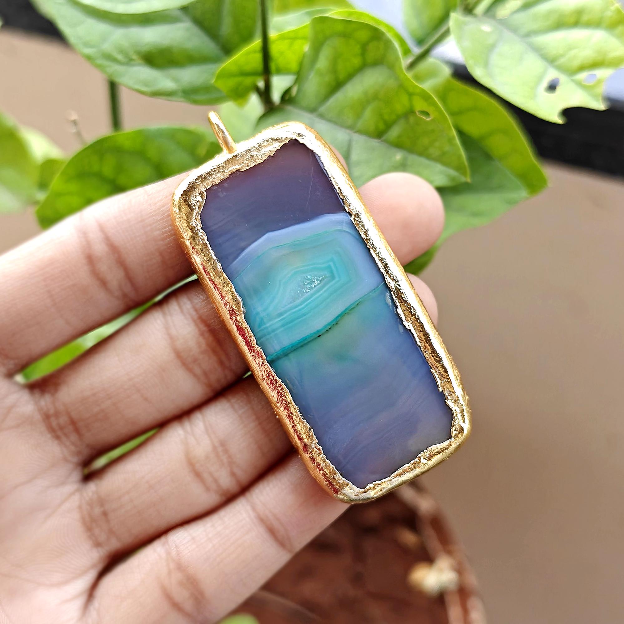 Blue Banded Agate Pendant, Gold Electroplated Rectangle Slice
