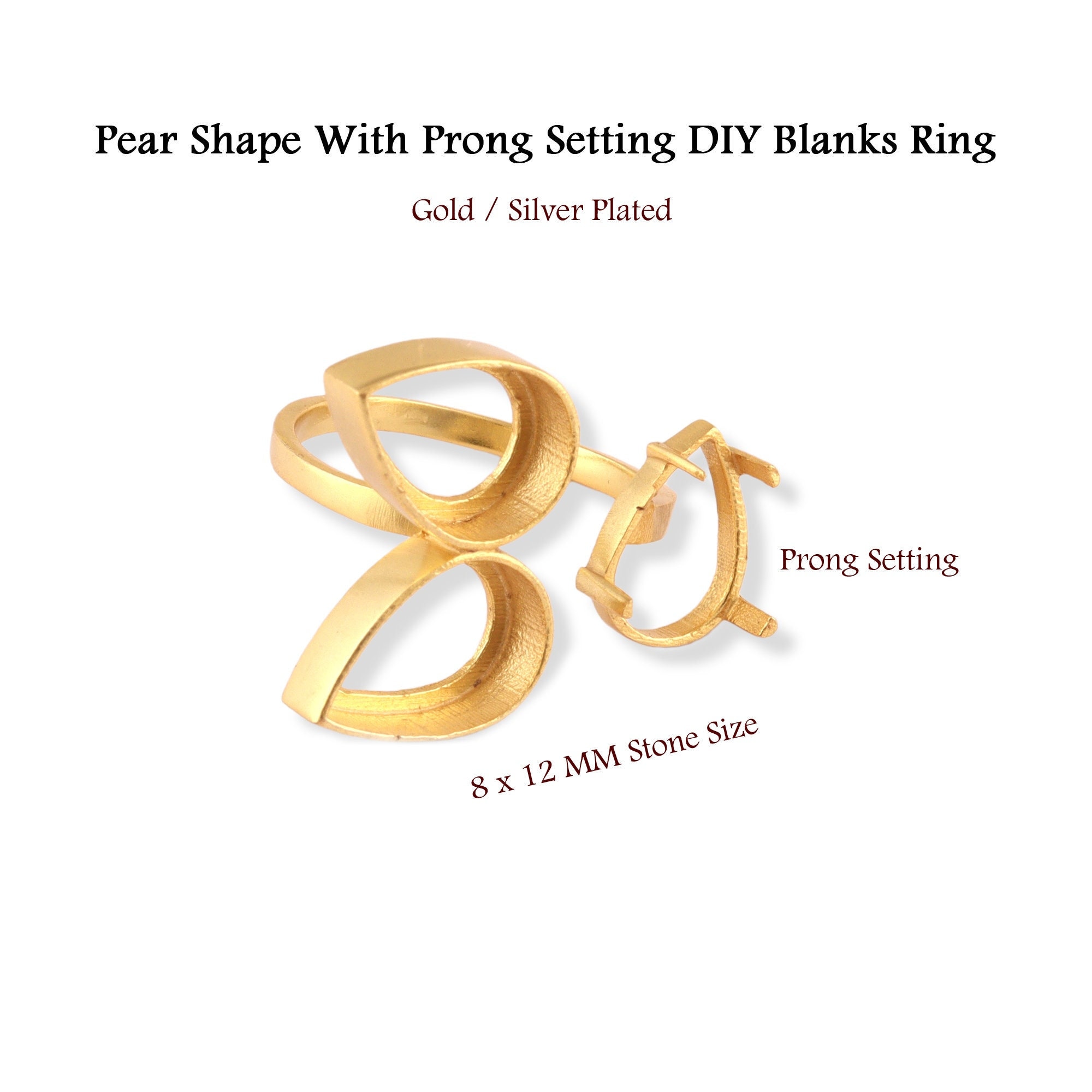 7x10mm, 8x12mm Pear Stone Collet Prong Setting Blank Ring