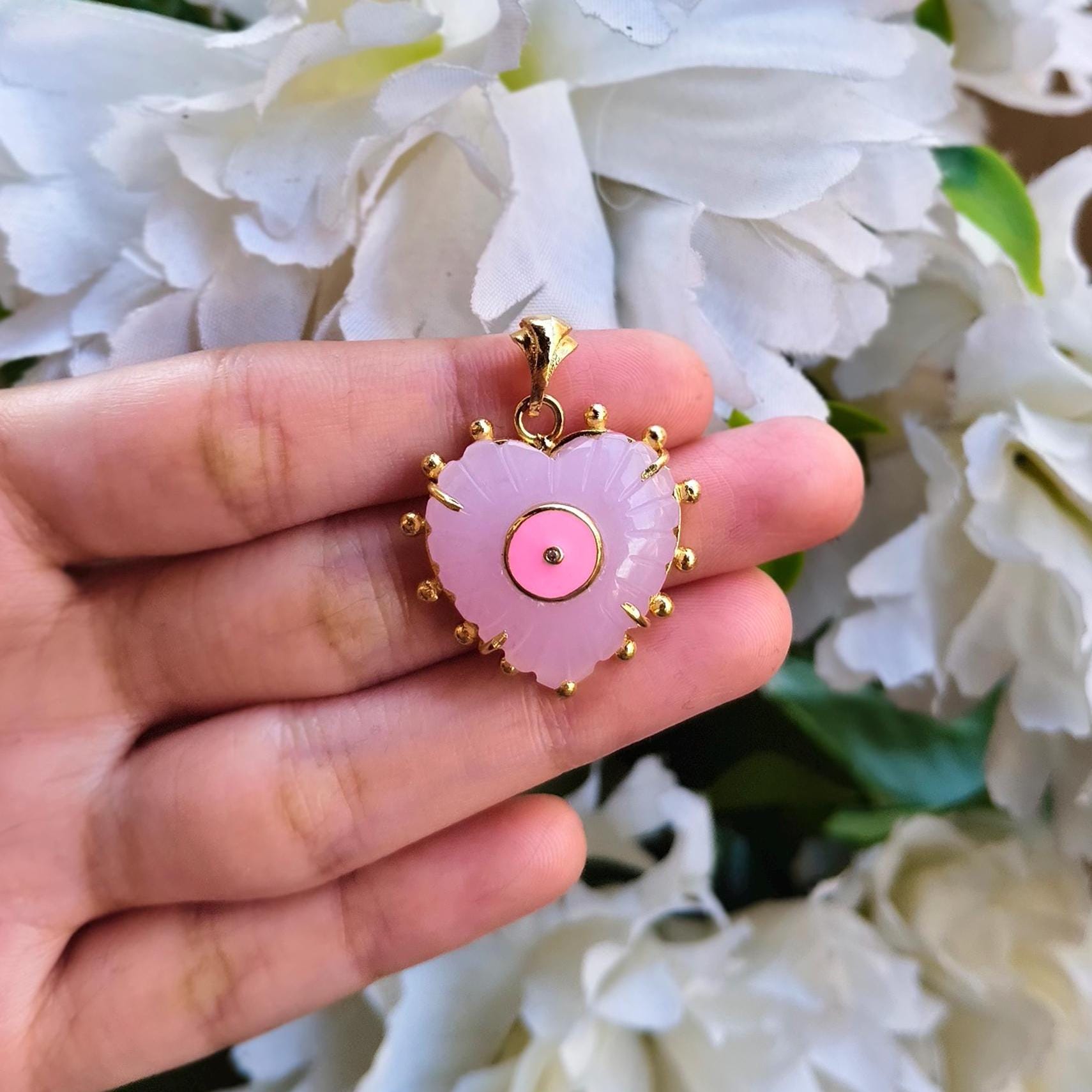 Pink Chalcedony Heart Pendant, Gold Plated CZ Enamel Heart Charm Prong Setting
