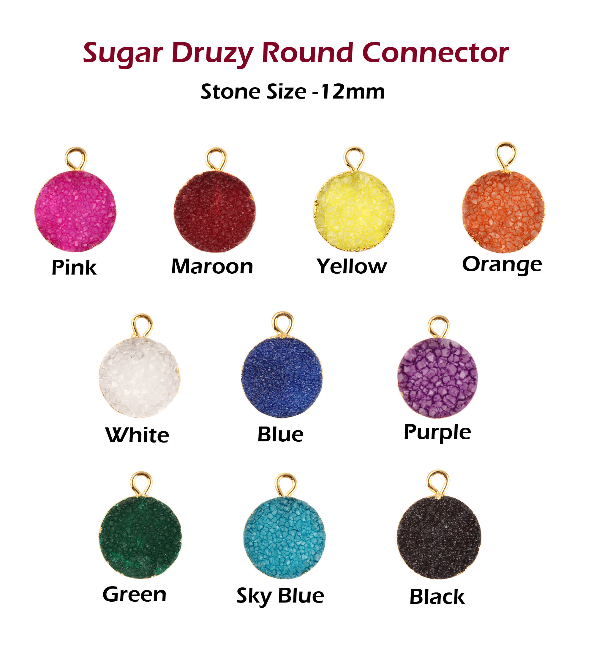 Gold Electroplated Sugar Druzy Connector, Round Agate Charm 12mm