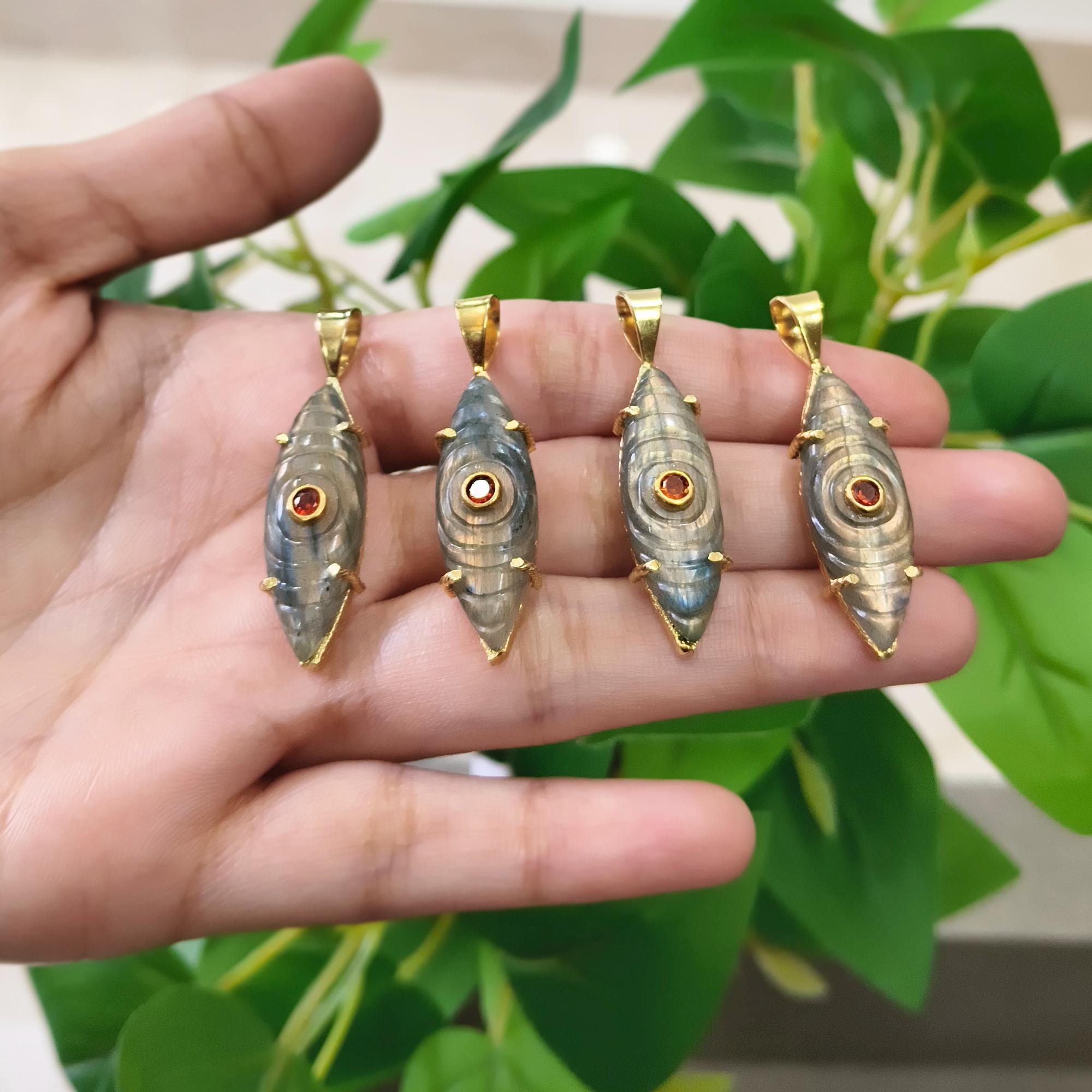 Labradorite Evil Eye Pendant with Red Quartz Charm Gold Plated Necklace Selling One