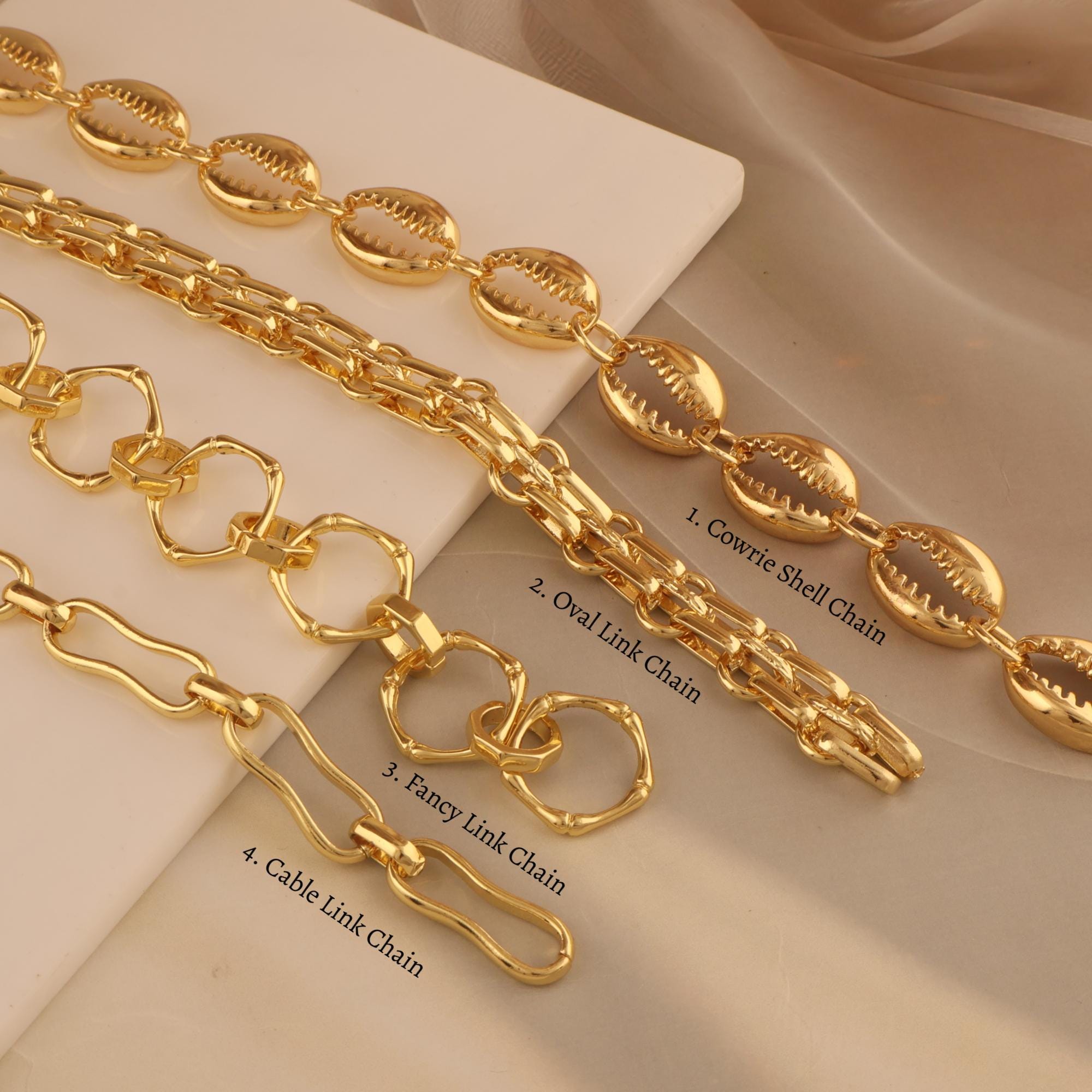 18k Gold Plated Cowrie Shell Chain, Paperclip Link, Bulk Jewelry Unfinished Chain