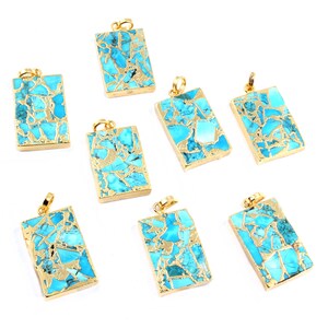 May include: Eight gold-toned pendants with turquoise inlay. Each pendant is rectangular and features a unique pattern of turquoise pieces.