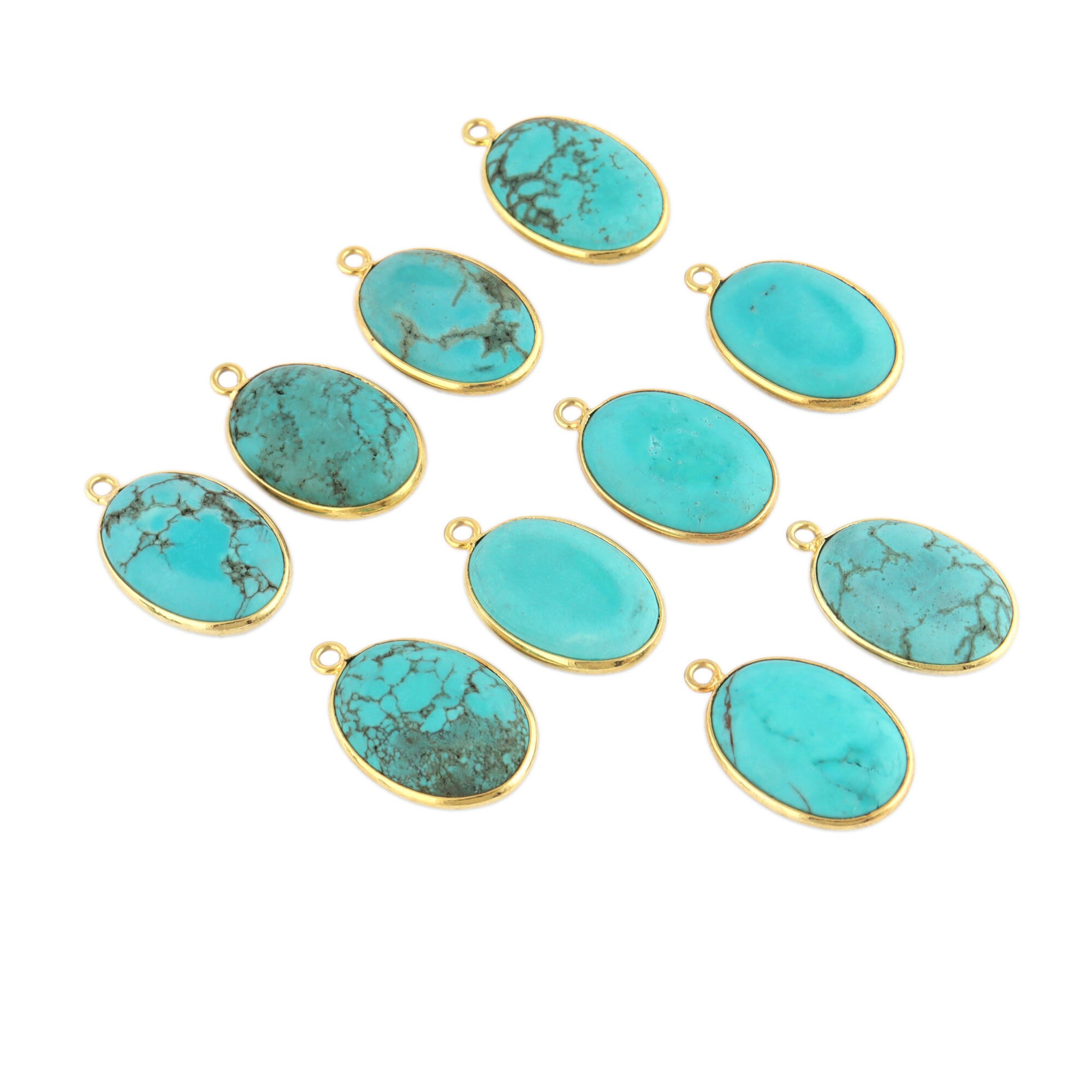 Tibetan Turquoise Connectors, Gold Plated Oval Gemstone Charms