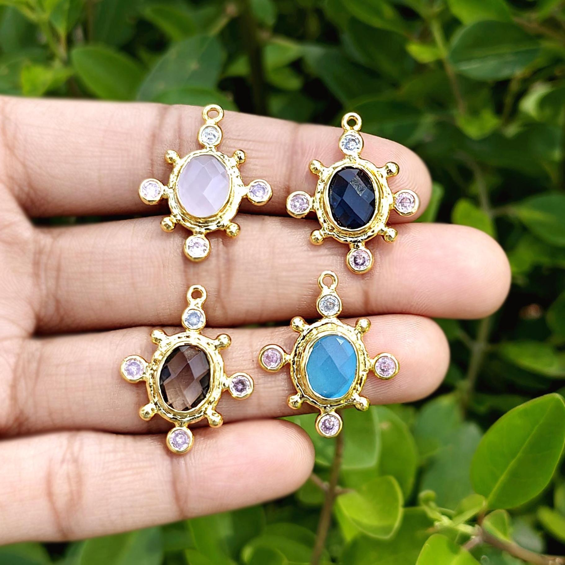 Oval Gemstone Pendant Charm, Gold Plated Minimalist Earring Necklace Connector