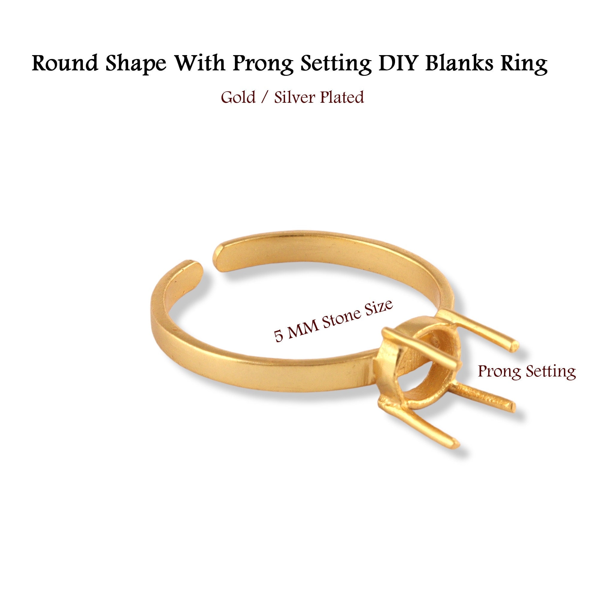 5mm Round Prong Setting Ring Blank, Gold, Silver Plated Frames