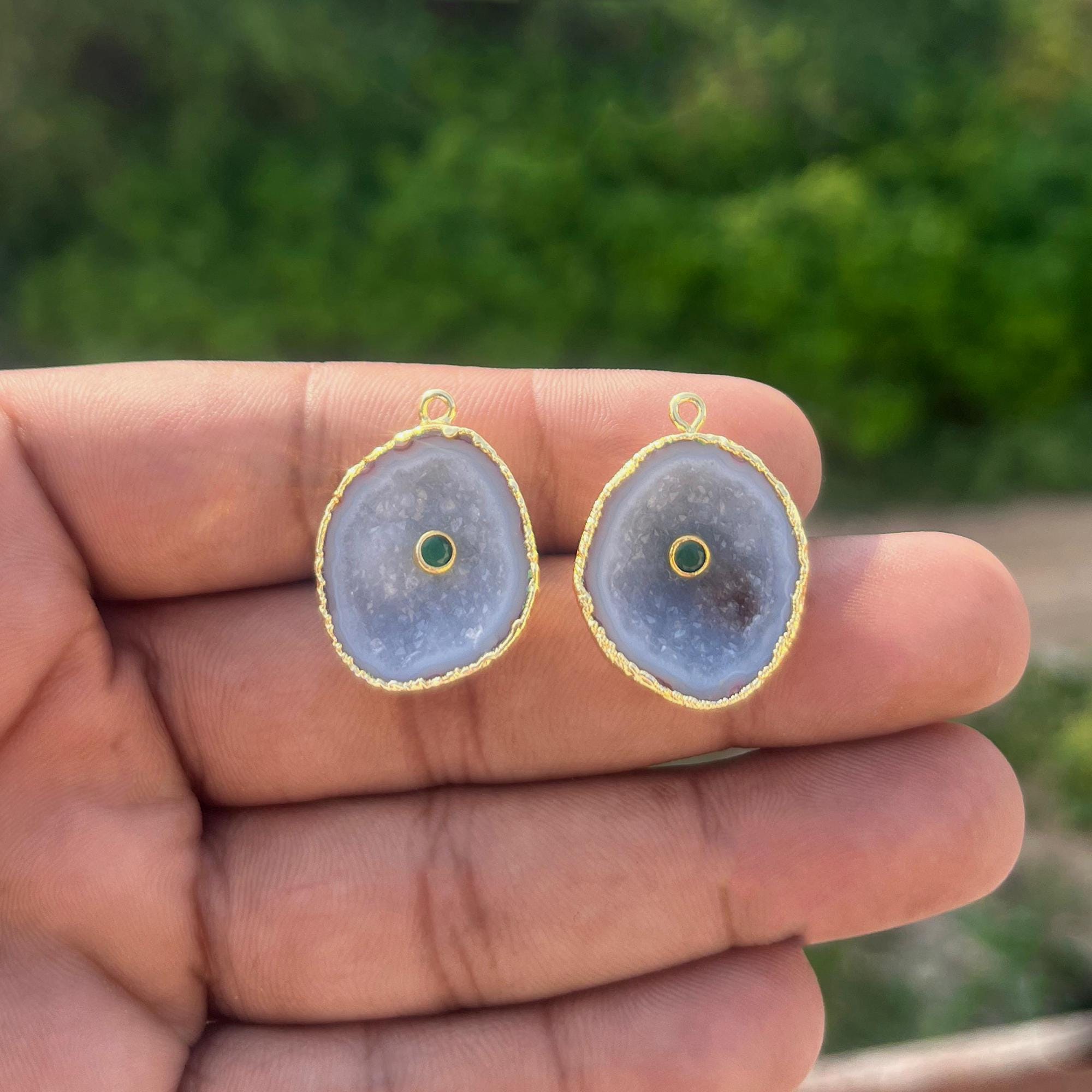 Gold Electroplated Geode Druzy Earring Connectors, Emerald CZ