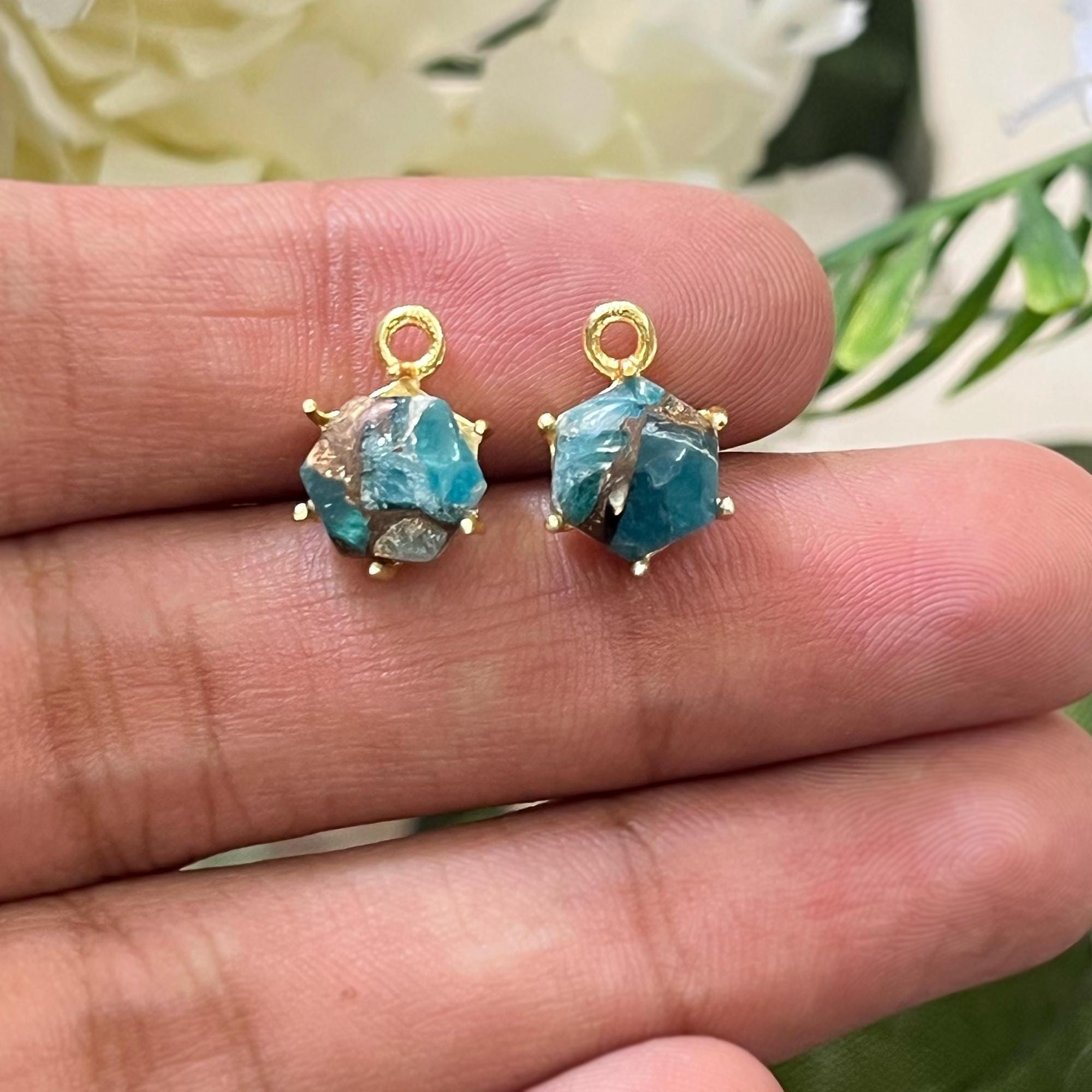 Blue Copper Turquoise Hexagon Pendant, Gold Plated Earring Connector Charms