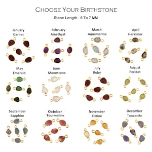 May include: Twelve birthstone charms with gold jump rings. Each charm is a different gemstone, representing a different month of the year. The charms are arranged in four rows of three. The stones are approximately 5 to 7 mm in length.