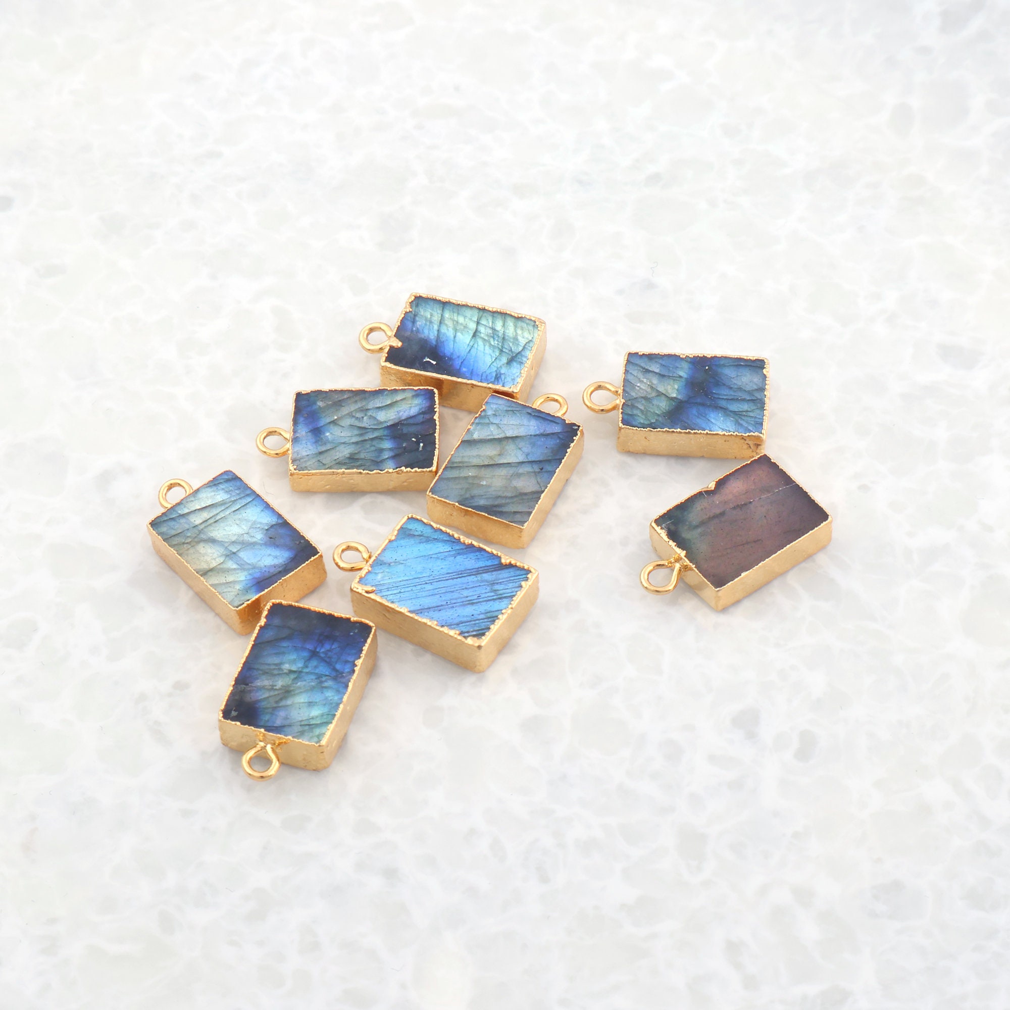 Labradorite Pendant Charm, Gold Plated 10x14mm Rectangle Gemstone Connector