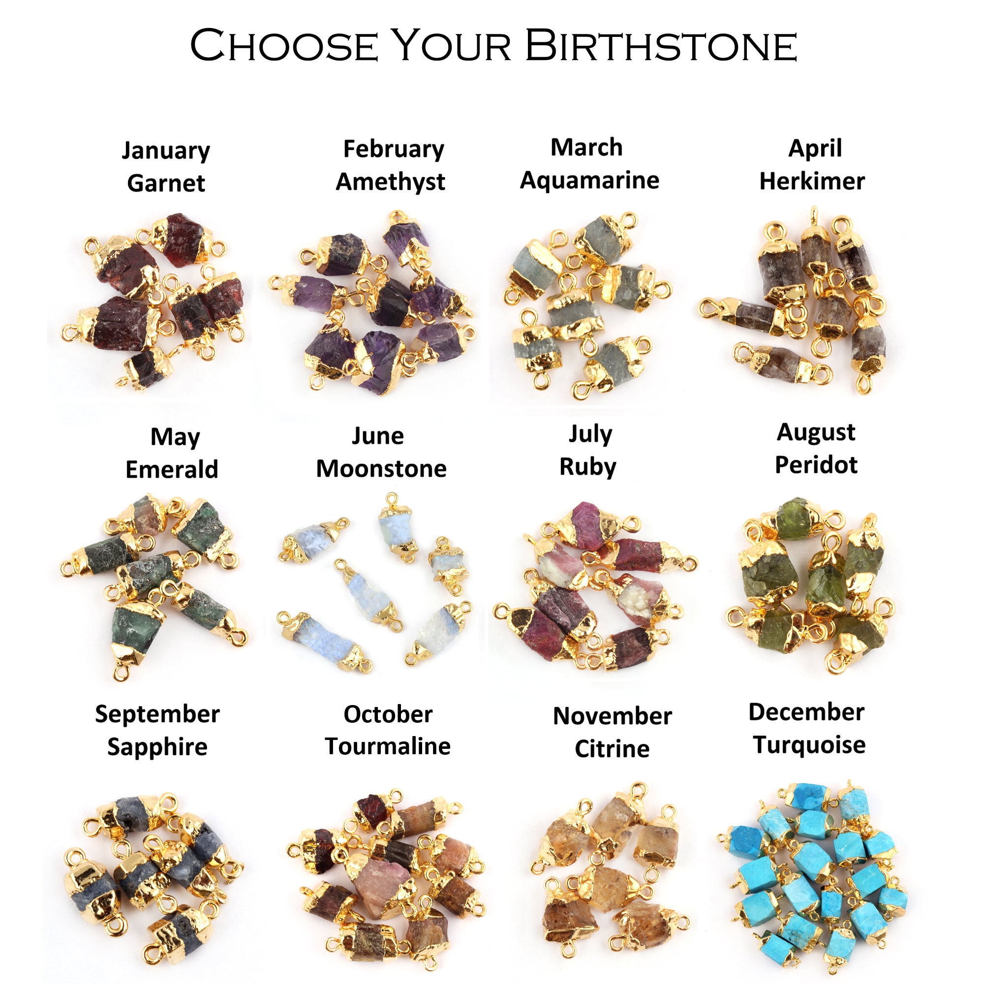 Gold Plated Birthstone Connector, Natural Rough Gemstone Charm
