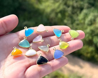 8x12mm Triangle Cut Chalcedony Charms Connector: Gemstone Bezel Set Handmade Jewelry Finding