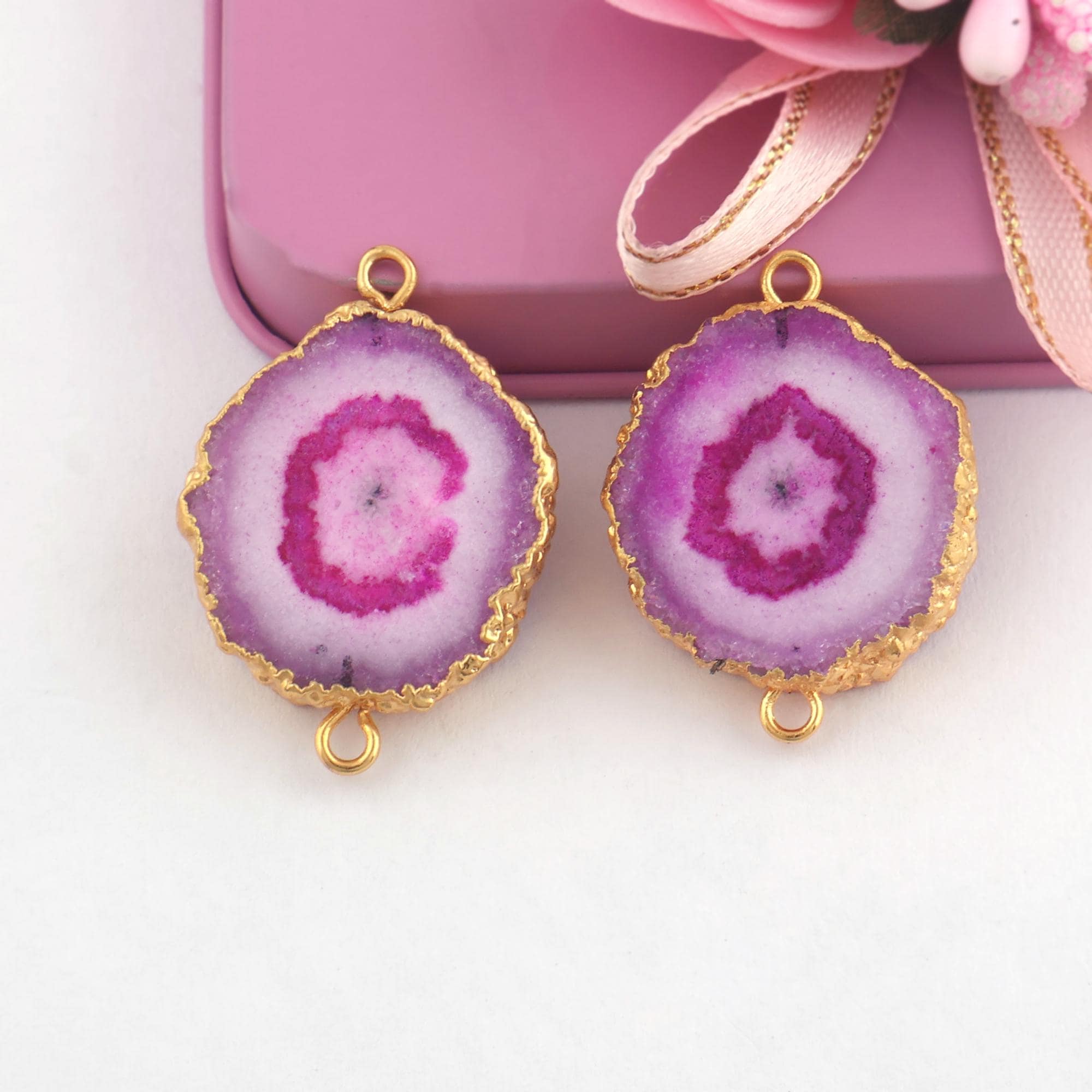 Pink Solar Quartz Earring Connectors, Gold Electroplated Double Bail