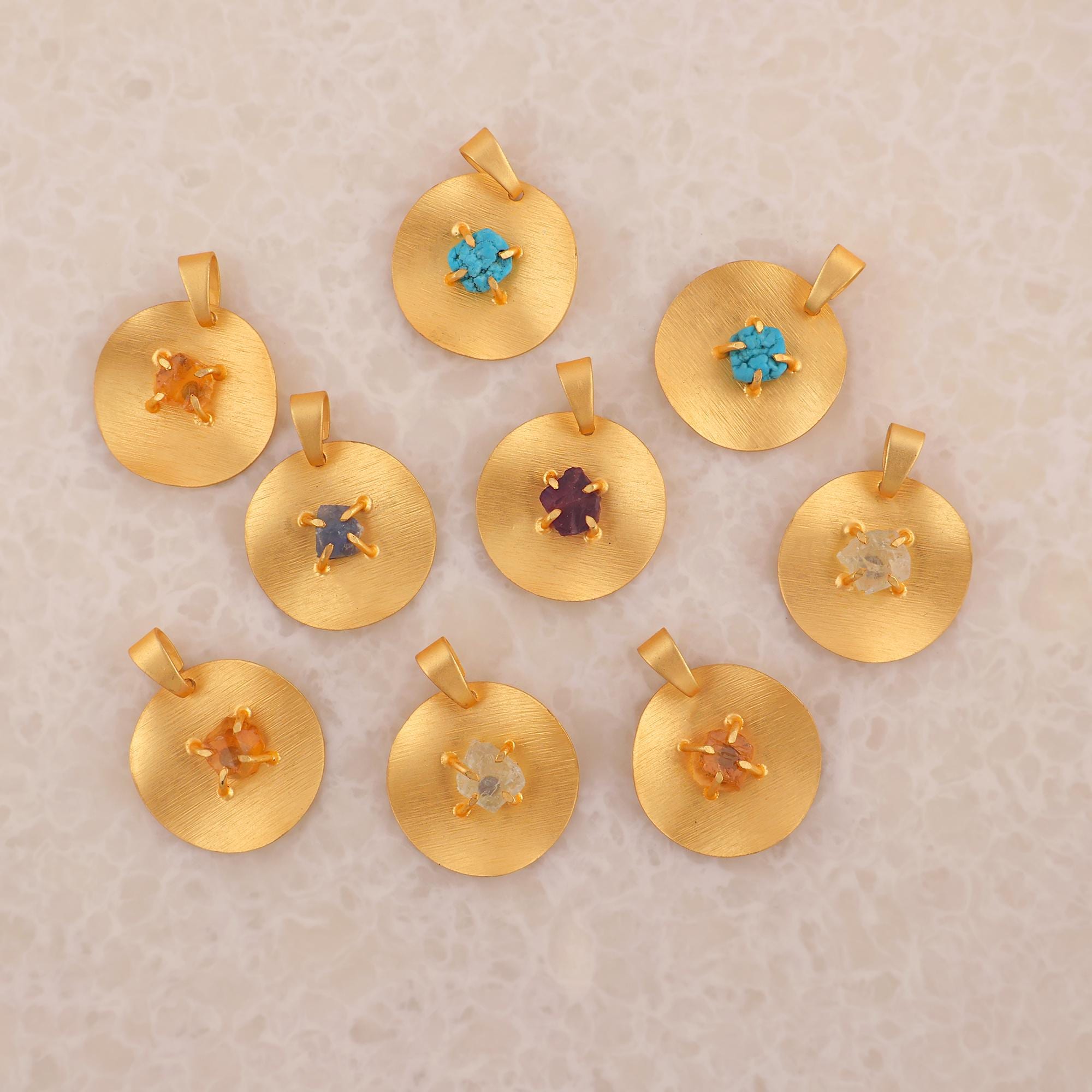 Raw Gemstone Pendant Charms, Matte Gold Plated Birthstone Pendants