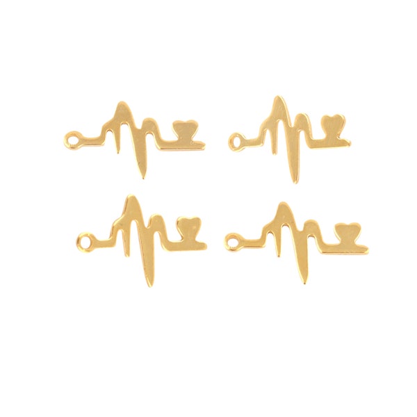 Yellow Gold Heart Rhythm Connector, Gold Plated Brass Heart Rhythm Shaped Connectors, Single Loop Connector, Gold Heart Beat Pendant