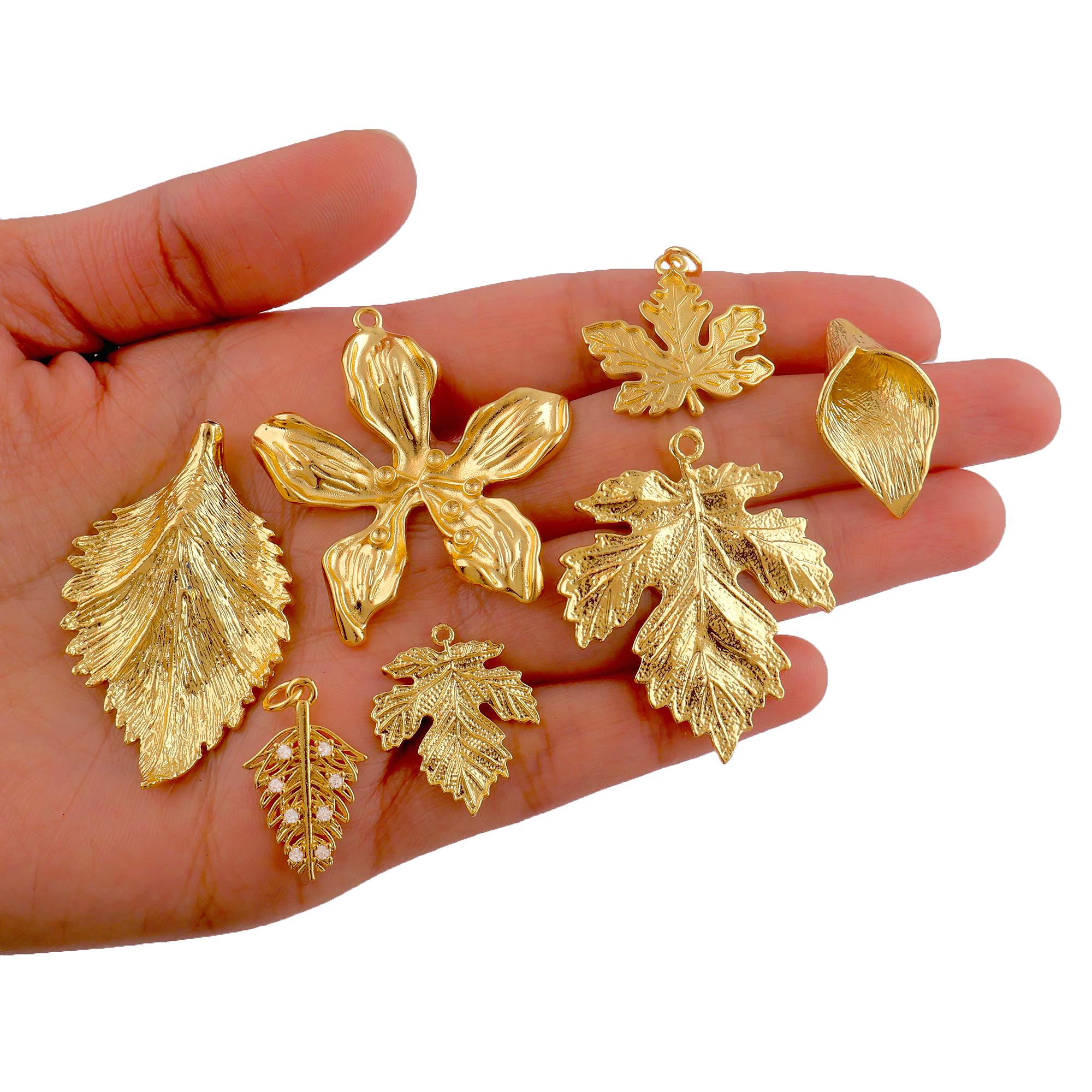 18k Gold Plated Maple Leaf Pendant Charm, Micro Pave CZ Jewelry Connector