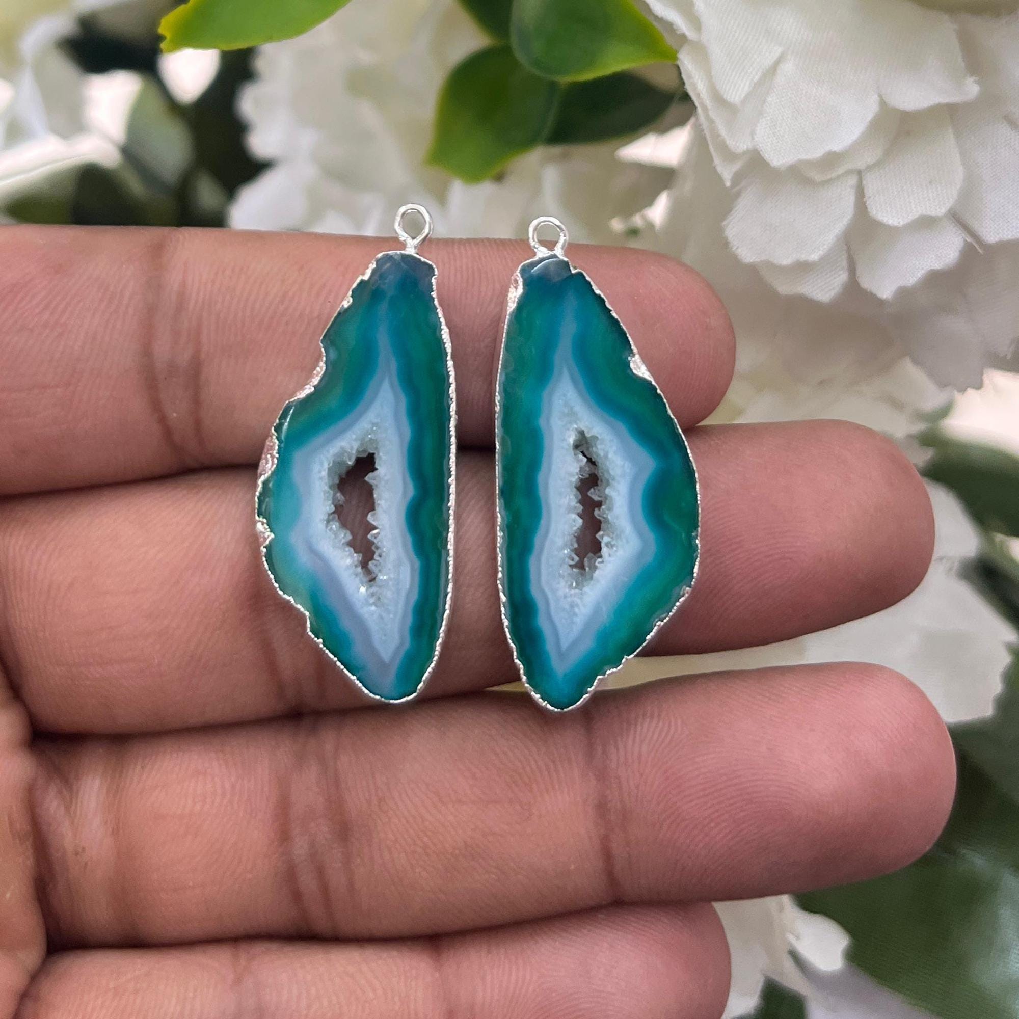 Green Agate Slice Earring Pair with Silver Electroplated Single Bail, Natural Gemstone Jewelry Components, Elegant Earrings for DIY Crafts