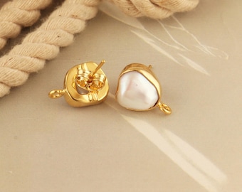 Gold Plated Freshwater Pearl Stud Earrings: Natural Gemstone DIY Jewelry Finding Supply