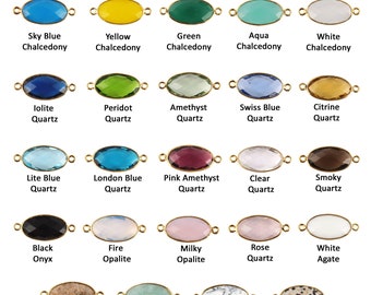 May include: An assortment of oval-shaped double bail connectors with various gemstones, including Sky Blue Chalcedony, Yellow Chalcedony, and Green Chalcedony. Each stone is approximately 10x20mm and set in a gold-colored metal. The image includes text that reads "Oval Shape Double Bail Connector".