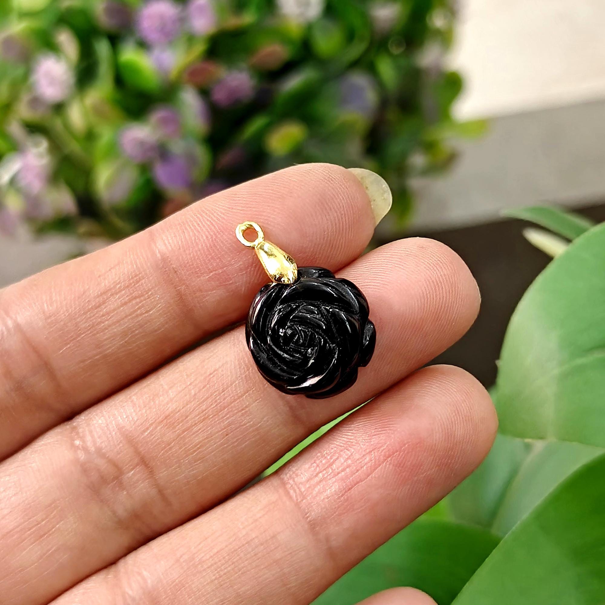 Black Onyx Rose Carved Pendant Charm, Gold Plated Gothic Floral