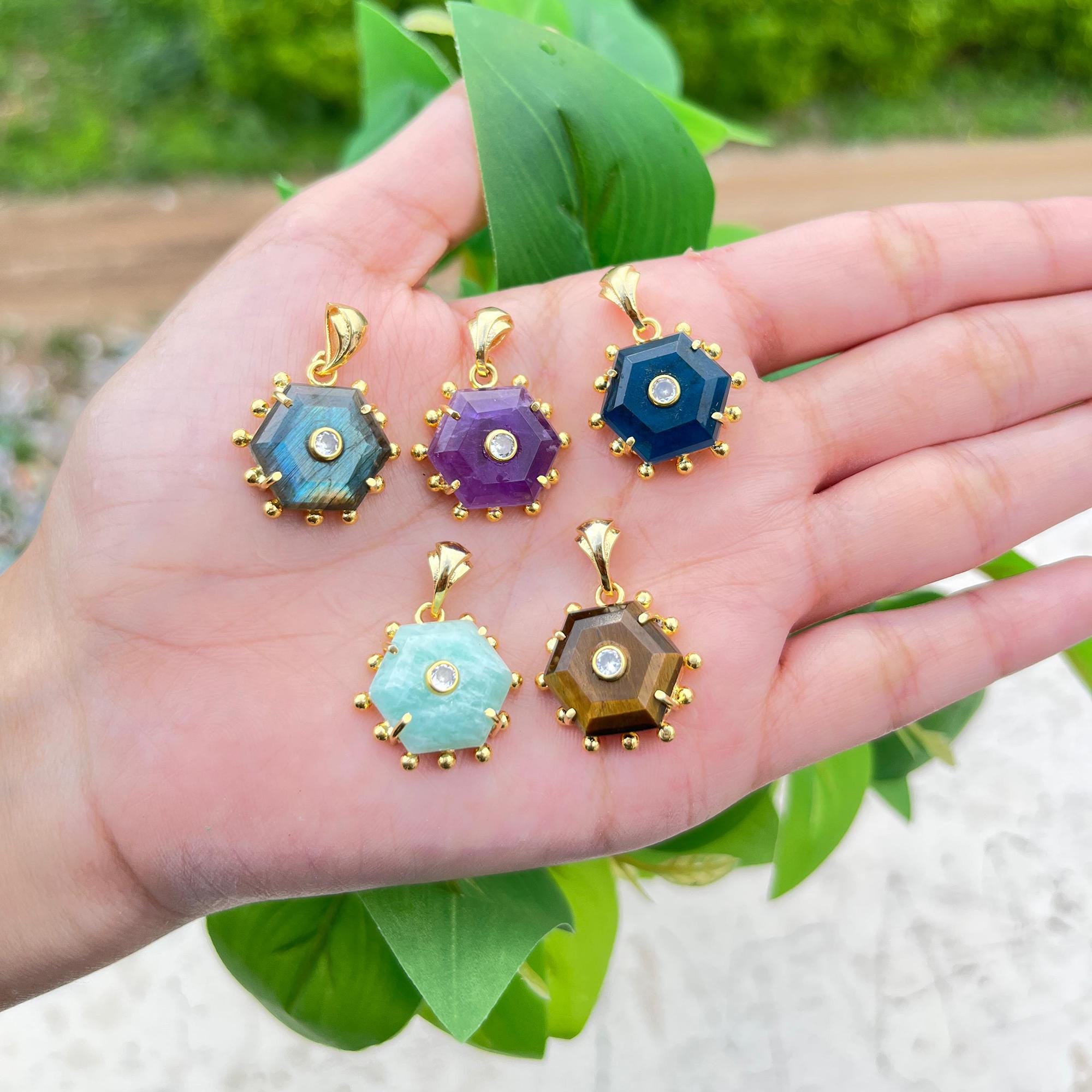 Hexagon Cut Gemstone Pendant Charm with Tiny CZ, Gold Plated Necklace