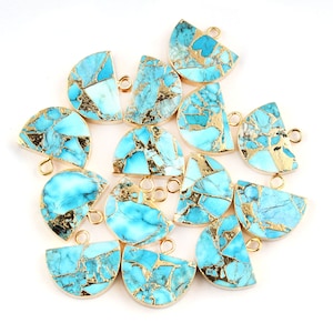 D Shape Blue Copper Turquoise Connector Single Bail Gold Electroplated Earring Charm, Mohave Turquoise Gemstone Jewelry Making Finding