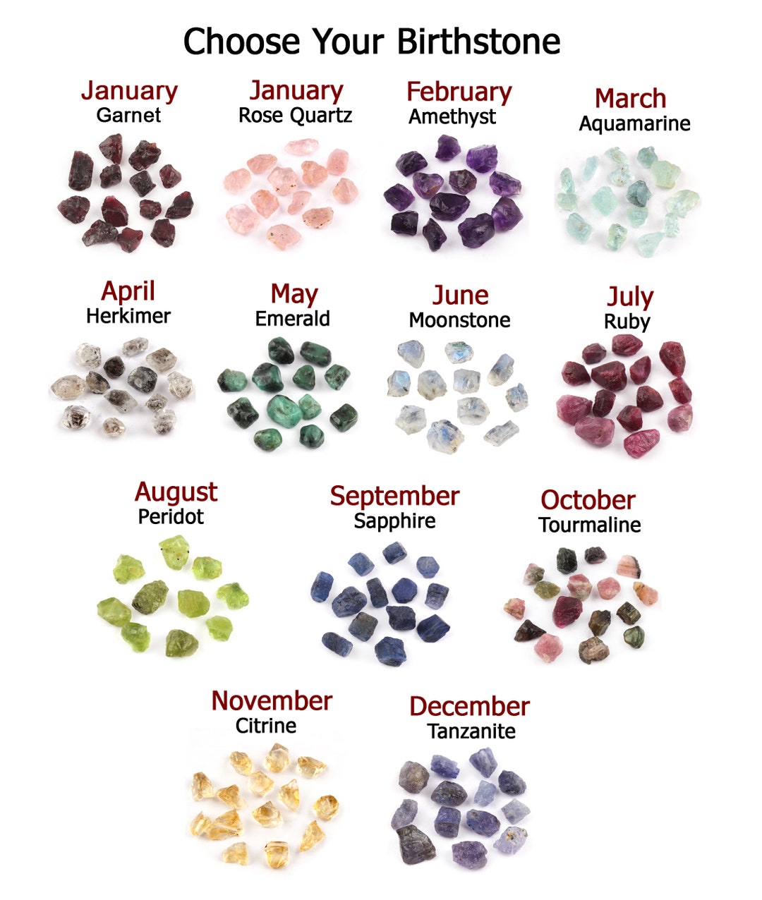 Raw Rough Birthstone Gemstones January to December Loose Stones