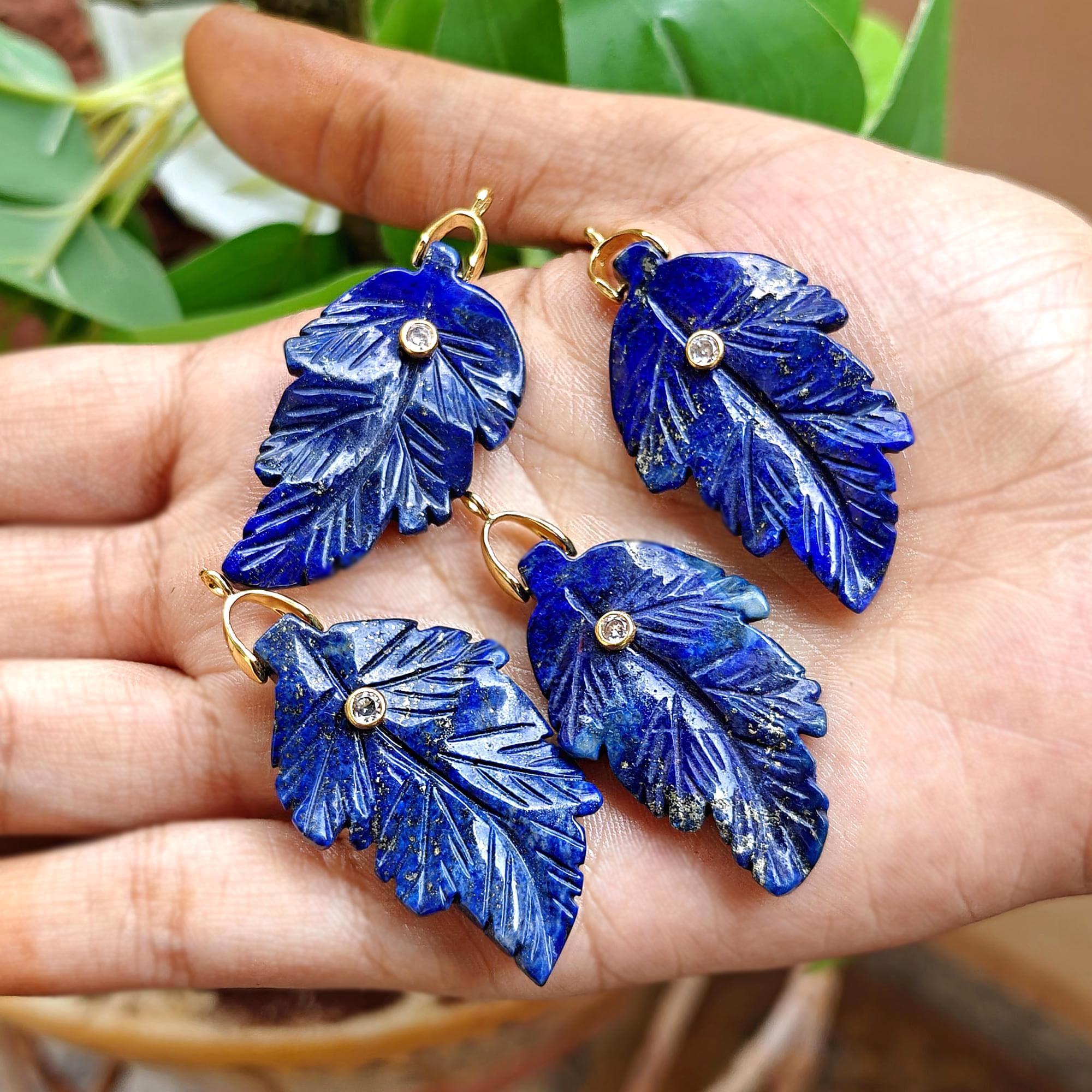 Lapis Lazuli Leaf Carved Pendant, Gold Plated Brass Charm