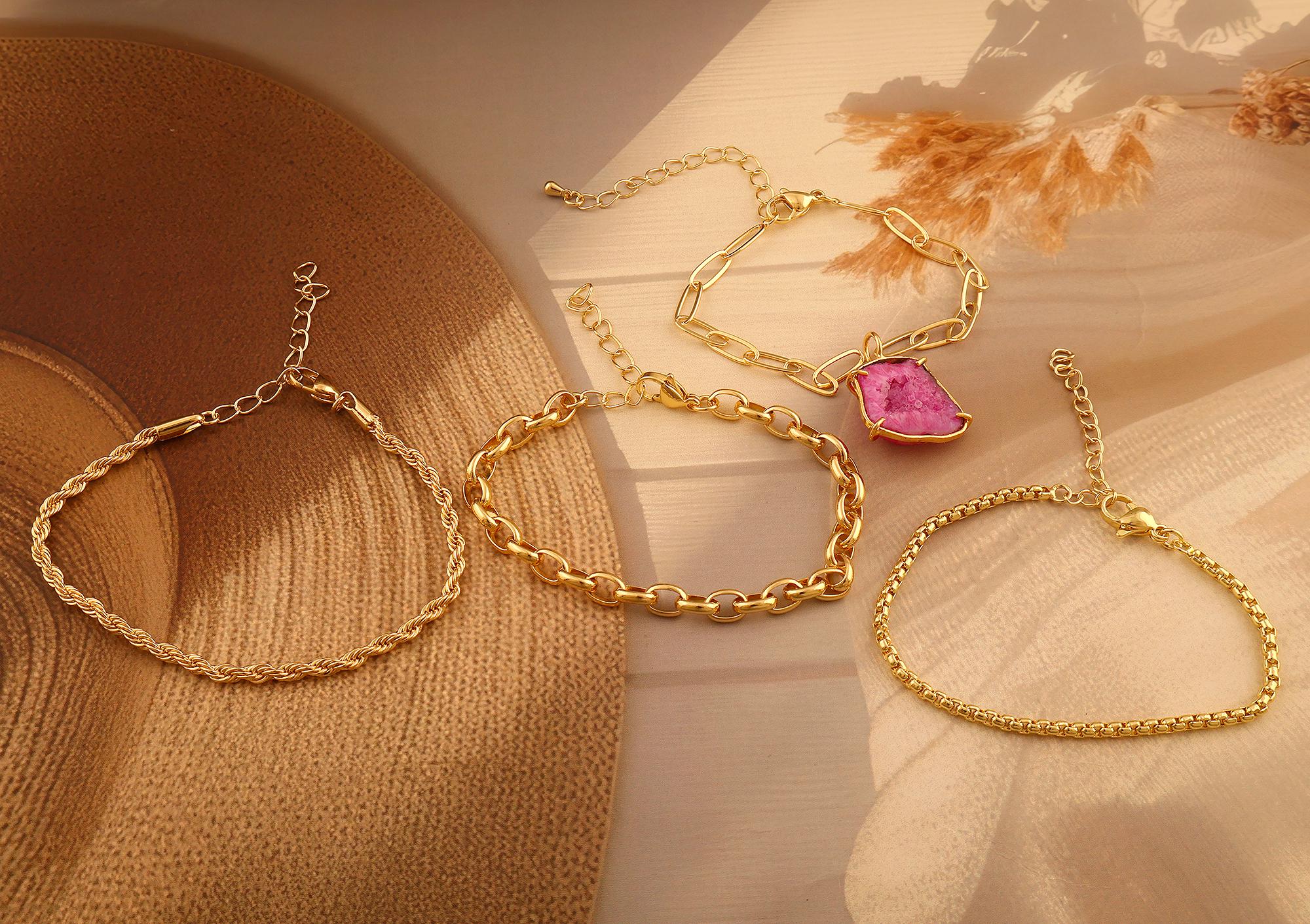 18k Gold Plated Bracelet Chain, Rolo, Paper Clip