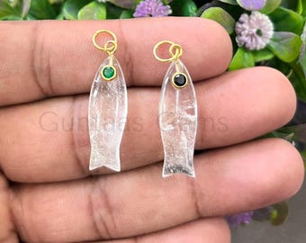 Crystal Quartz Fish Pendant with CZ Eye: Gold Plated Necklace Making Charm One Piece
