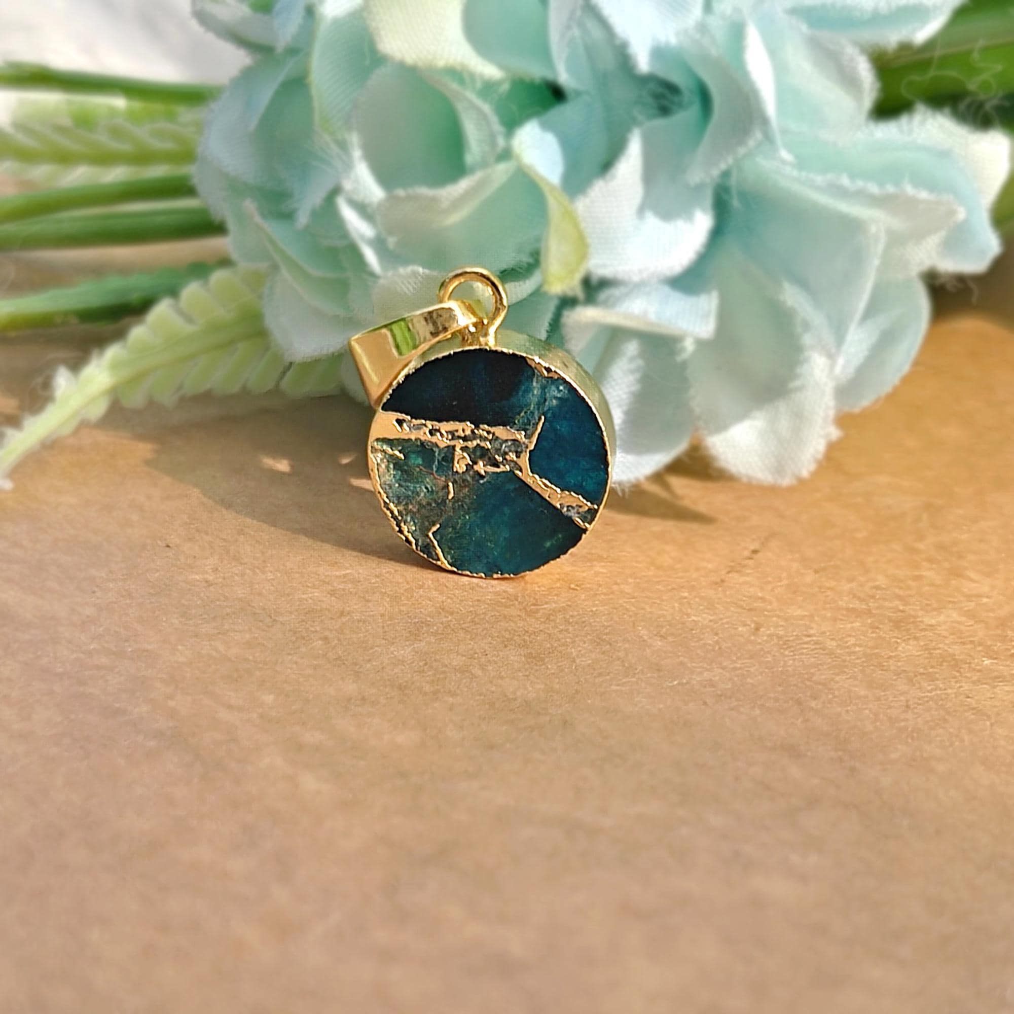Gold Electroplated Mohave Copper Turquoise Pendant Charm, Apatite Jade