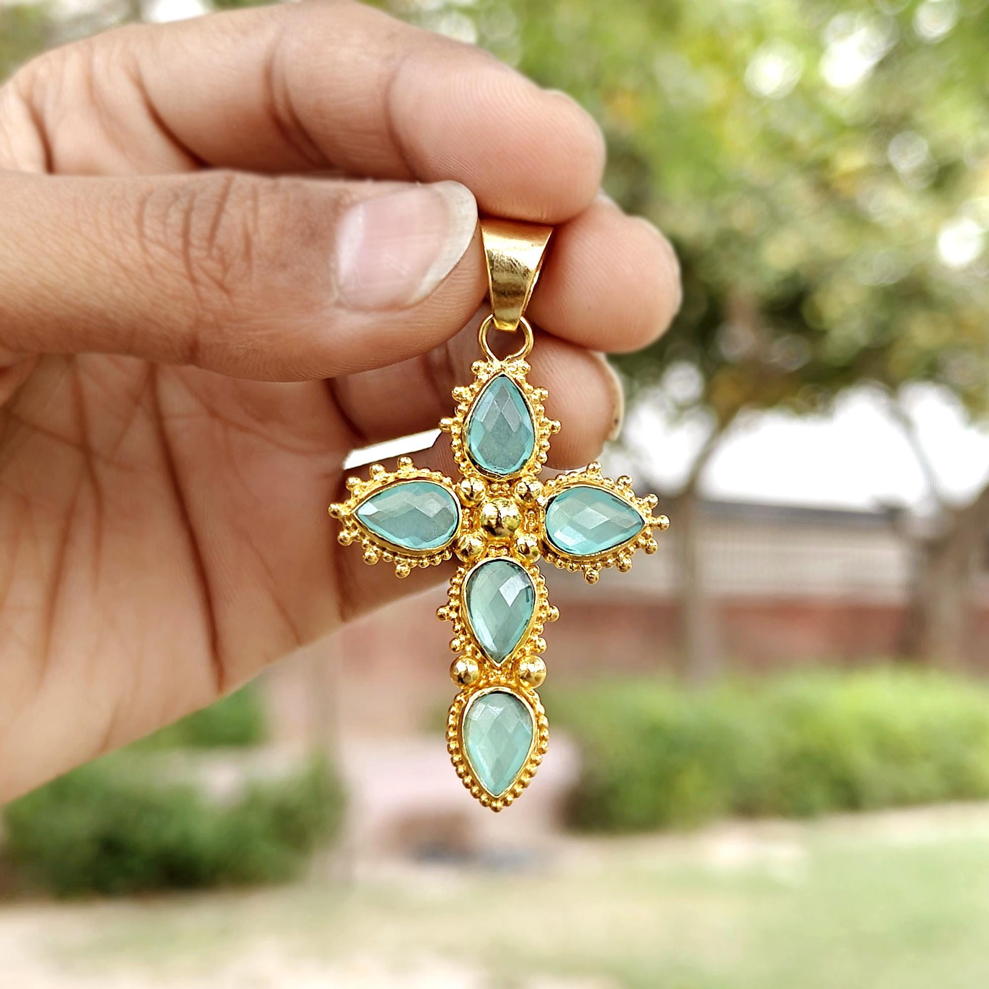 Chalcedony, Quartz Gemstone Cross Pendant