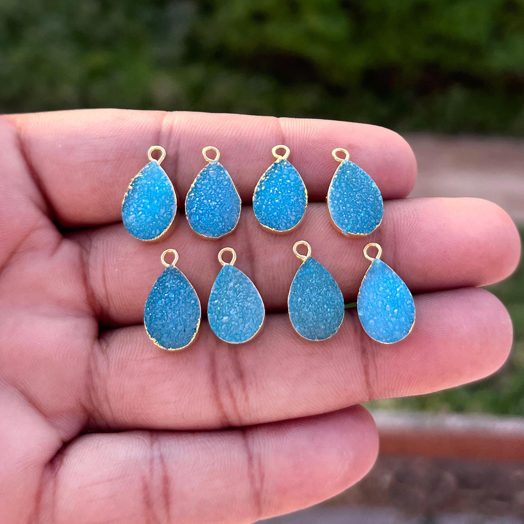 Sky Blue Sugar Druzy 10x14mm Pear Connectors, Gold Electroplated Jewelry Charms