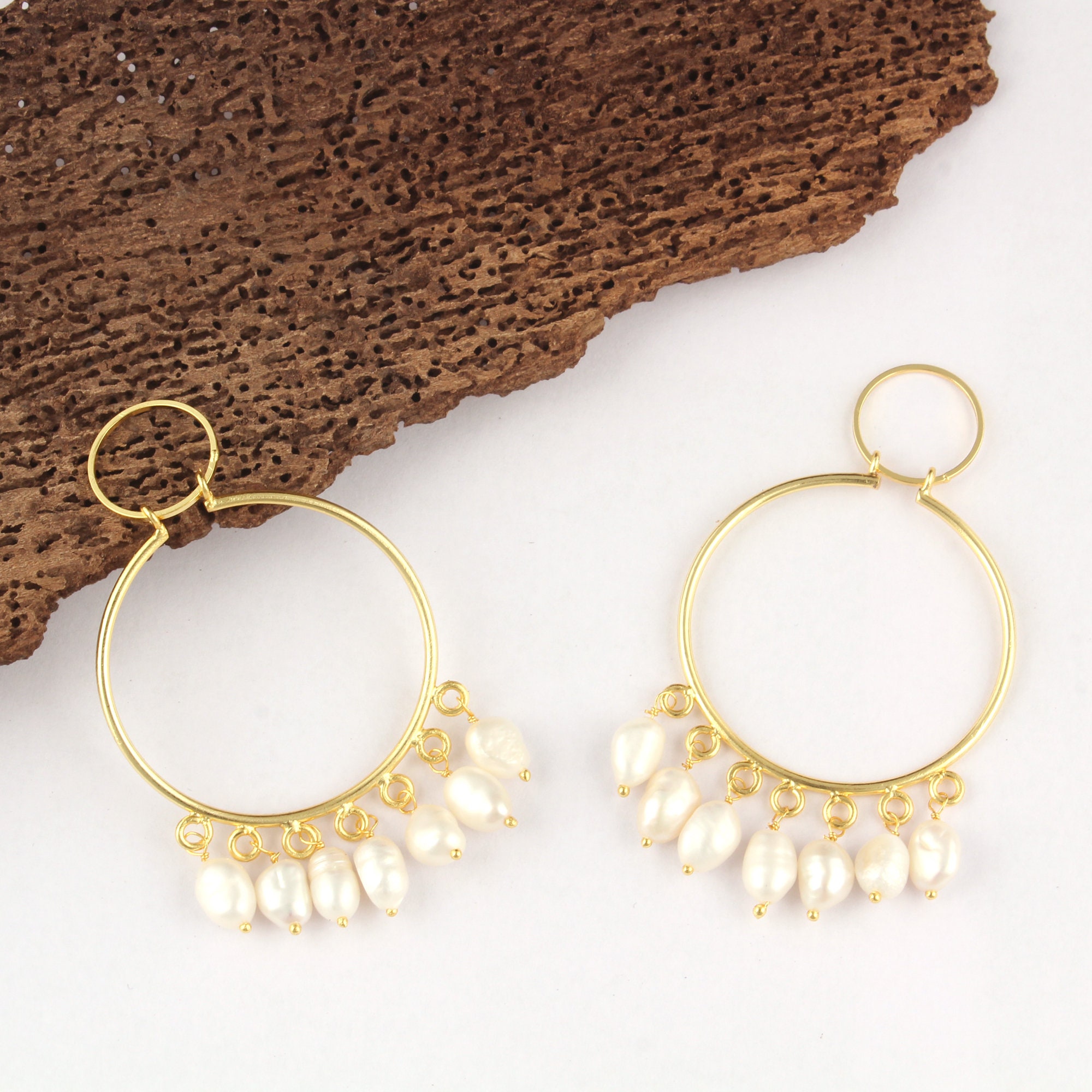 Natural Freshwater Pearl Connectors Pair Gold Plated Wire Wrapped Hoop Earrings