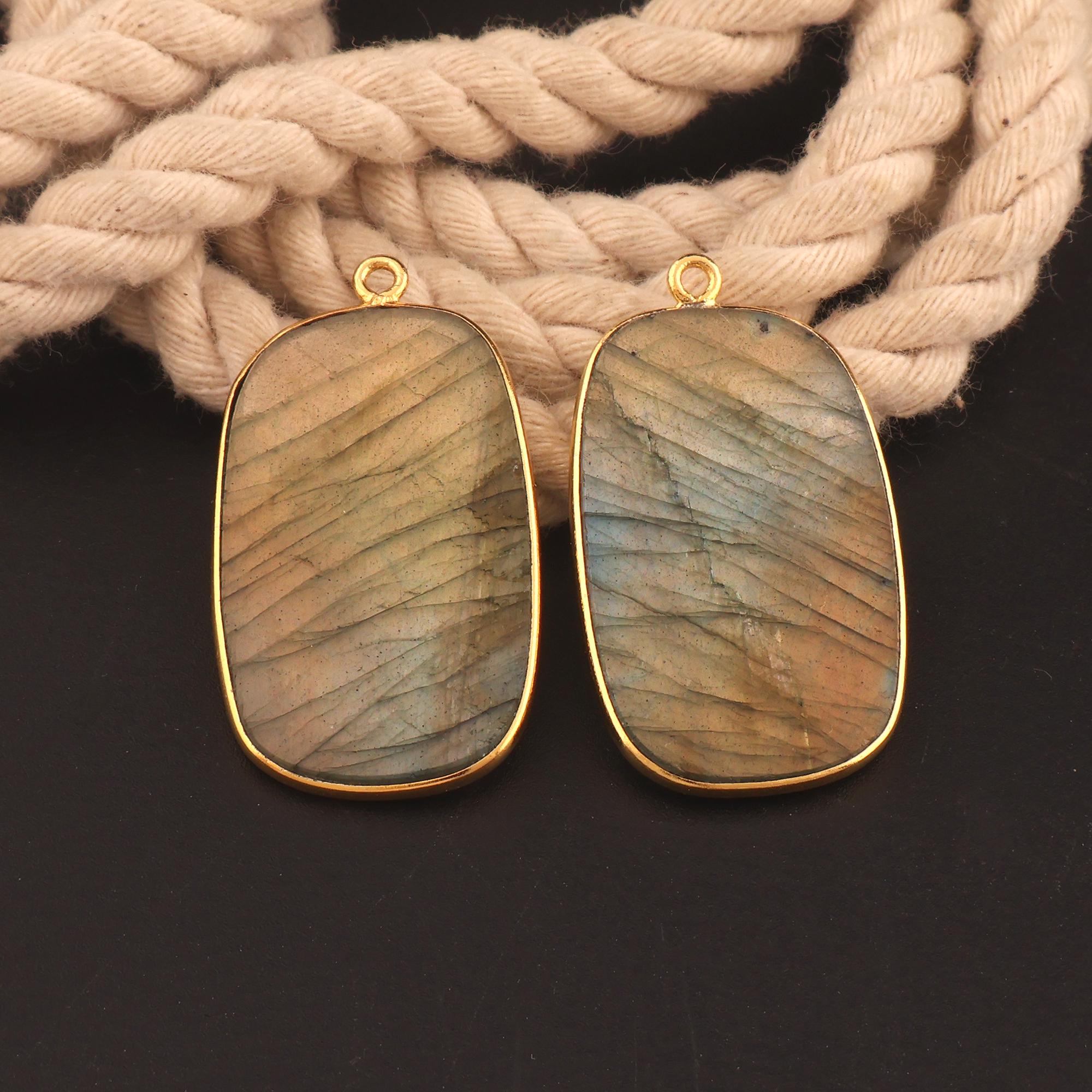 Natural Grey Fire Labradorite Connector Pair For Earring Jewelry Making, Gold Plated Bezel Setting Earring For Women, Slice Cut Labradorite