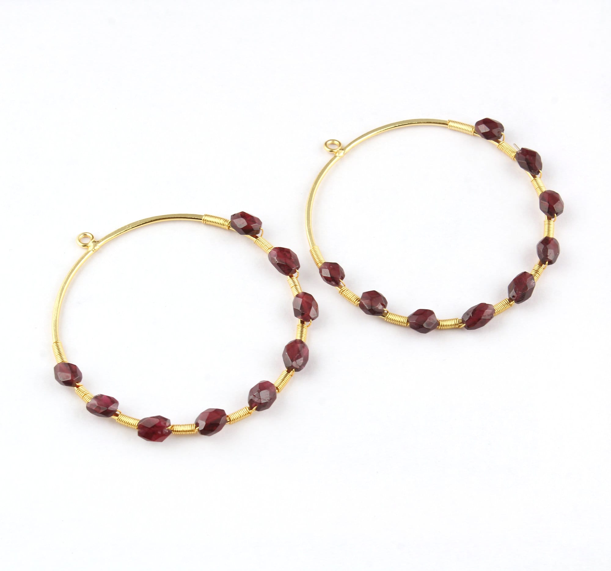 Natural Faceted Cut Garnet Gold Plated Hoop Earring Connectors, Wire Wrapped Jewelry