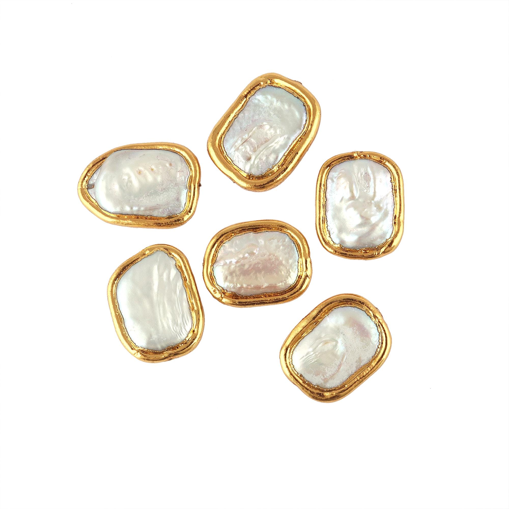 6 Gold-Edged Freshwater Pearl Pendant Connectors, Rectangle Charms For