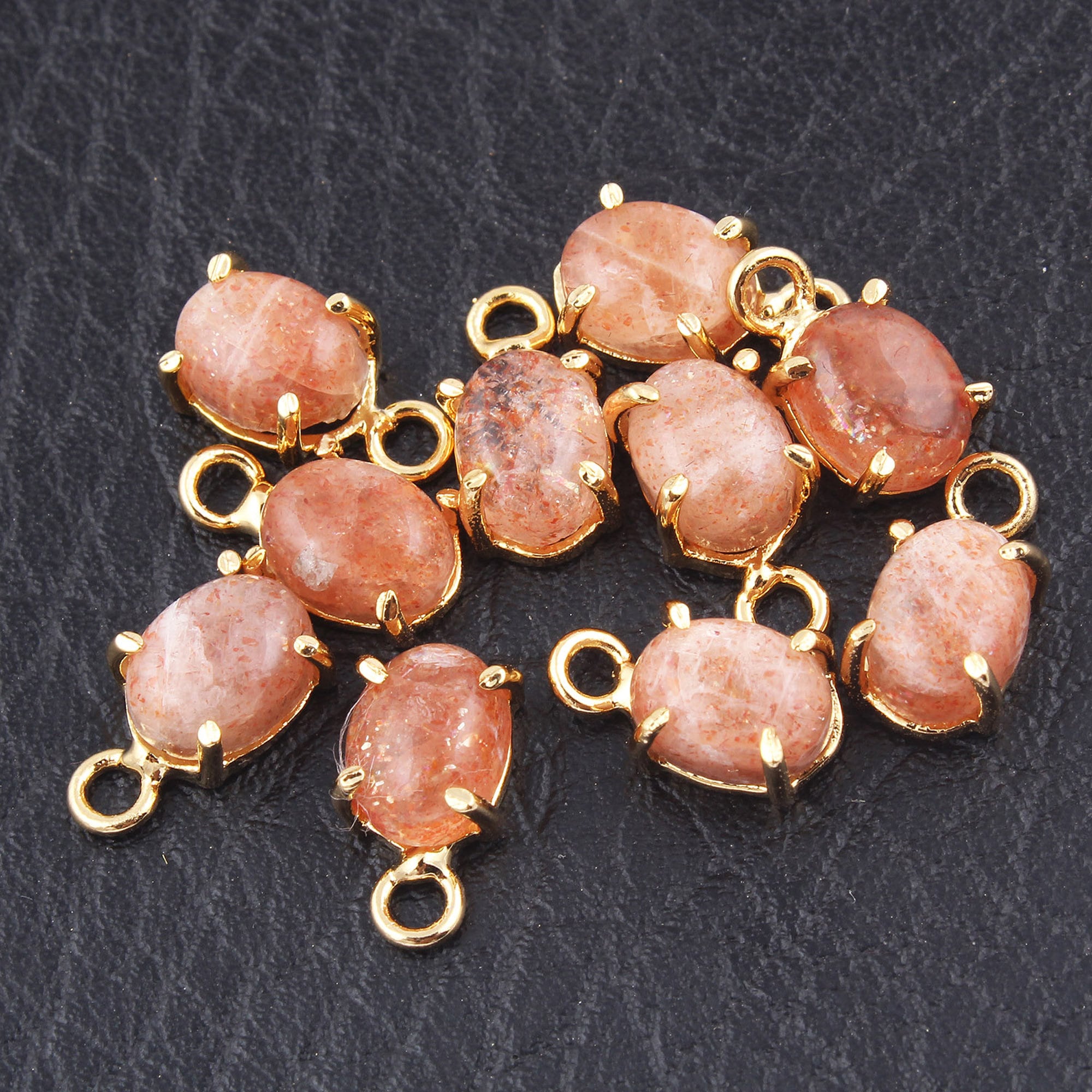 Natural Sunstone Gold Plated Connector, Brass Prong Set Pendant Charm