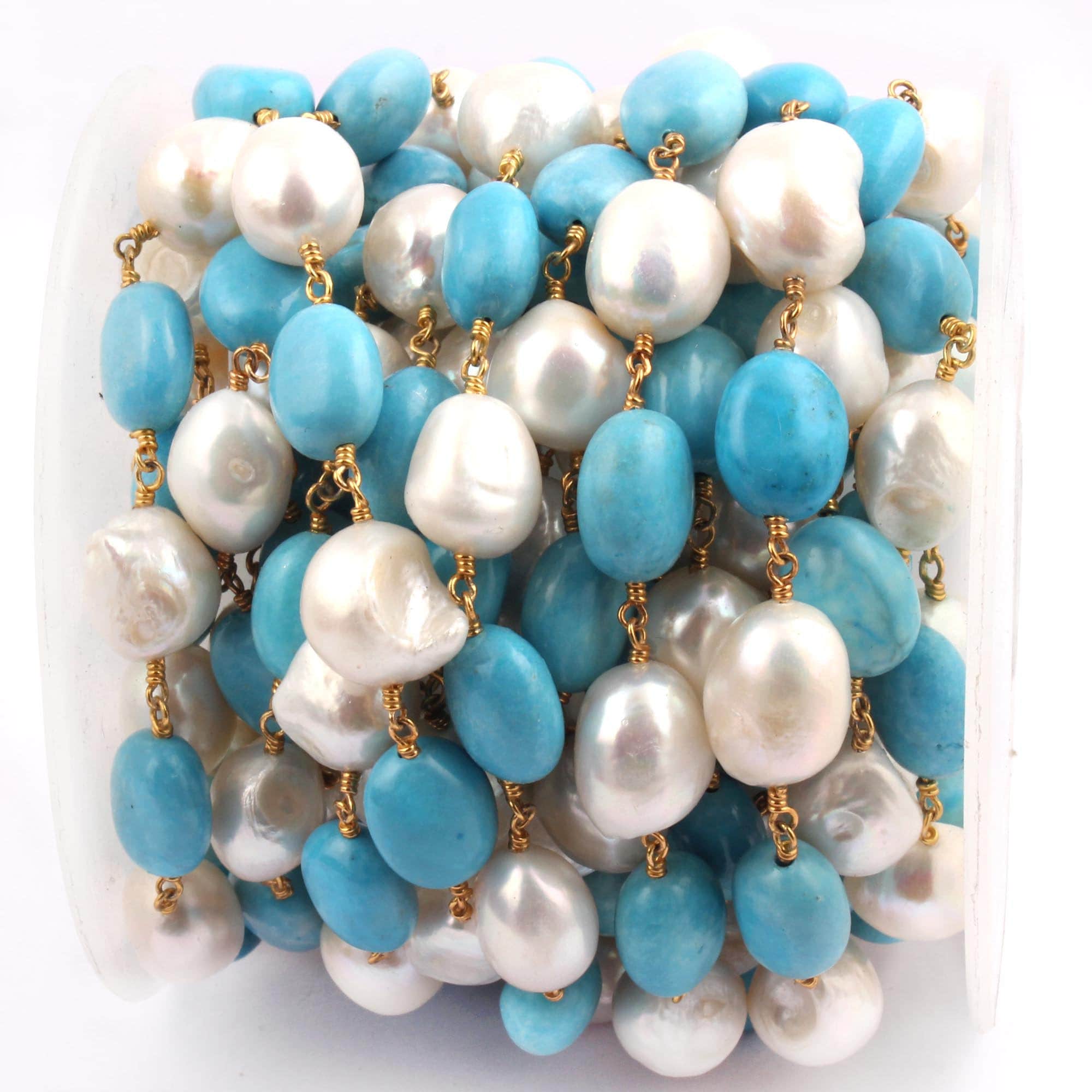Treated Turquoise Pearl Gemstone Rosary Chain Jewelry Necklace