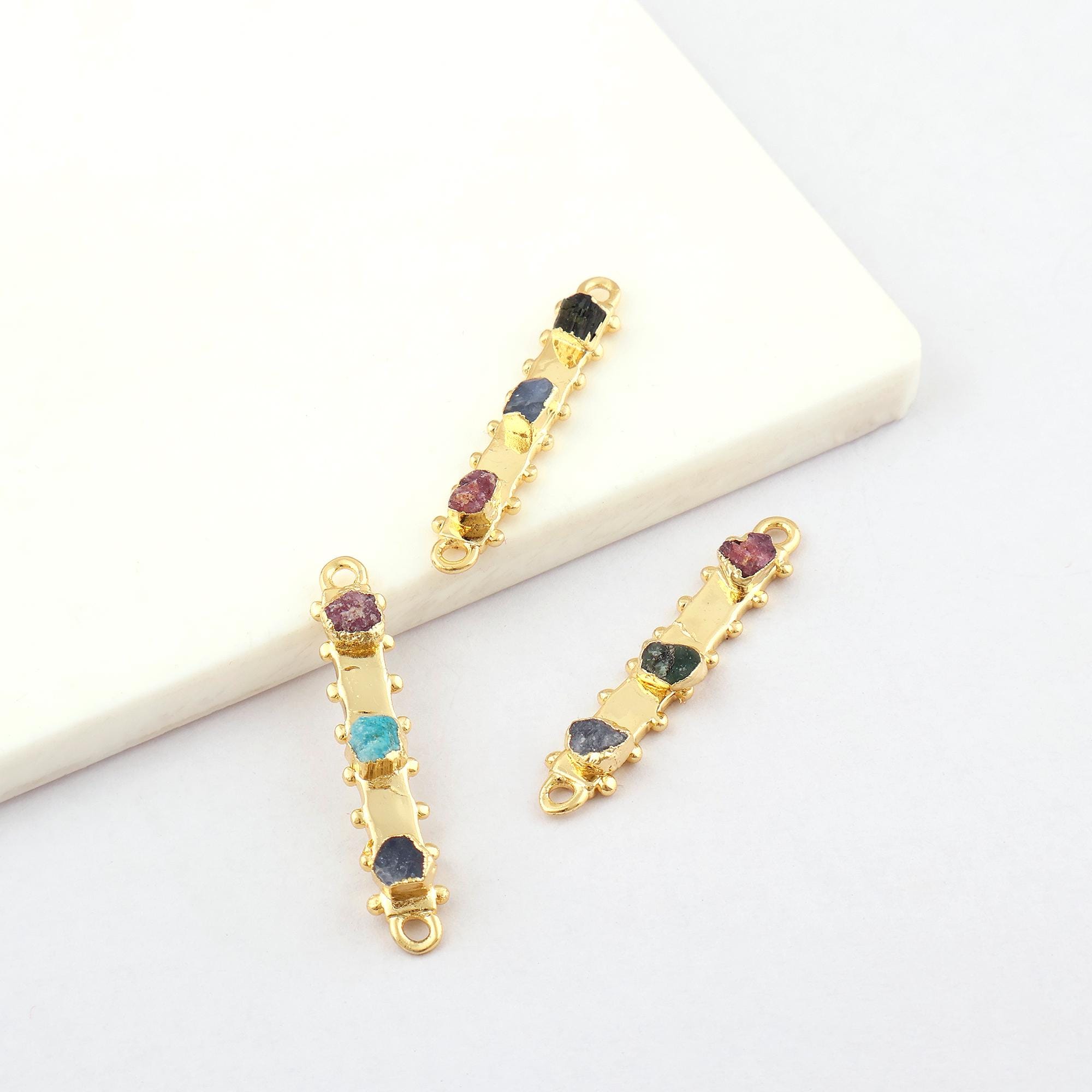 Gold Plated Raw Gemstone Charm Connectors, Necklace (3 Pcs)