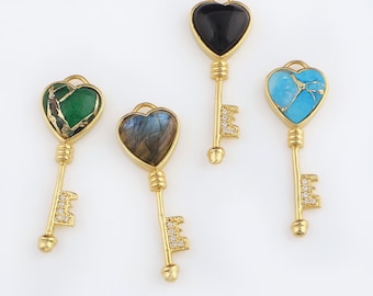 Turquoise Onyx Heart Key Pendant Necklace: Vintage Gold Plated Tiny CZ Jewelry Making Charm
