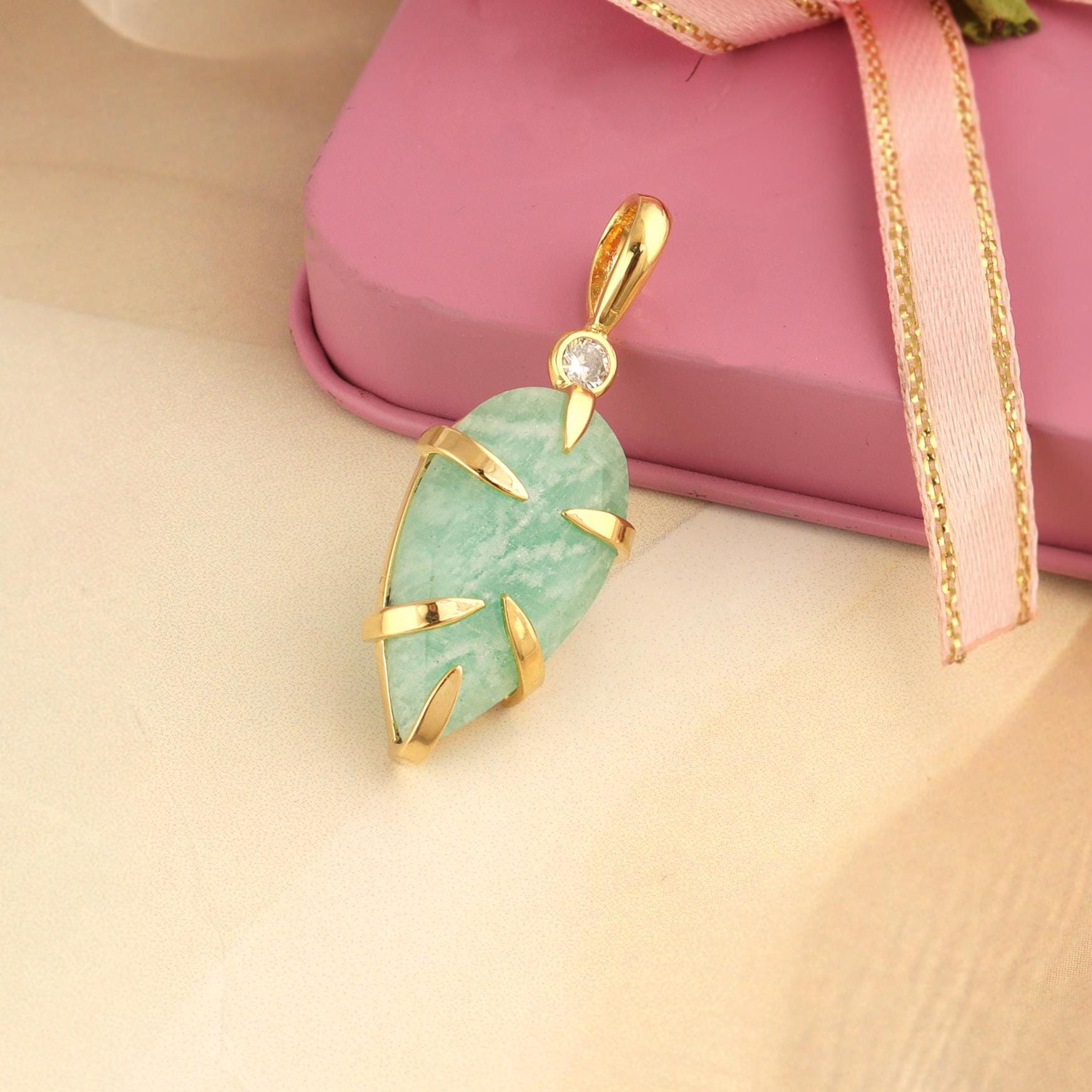 Gold Plated Amazonite Pendant, Pear Cut Natural Gemstone with CZ Charm Prong Necklace
