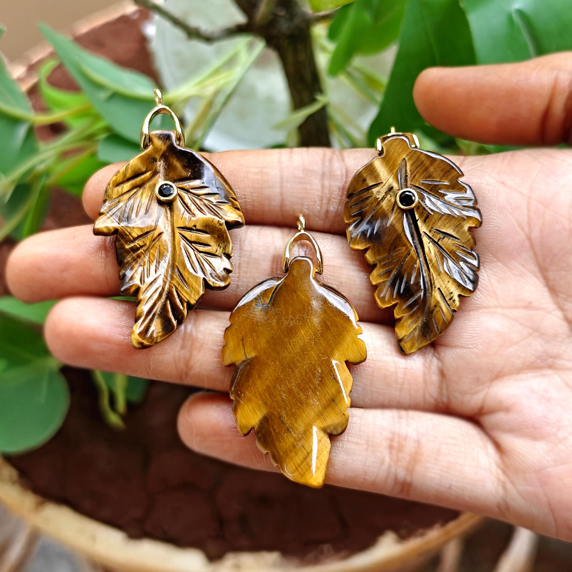 Hand Carved Tiger Eye Leaf Pendant, Gold Plated, Black CZ Accent