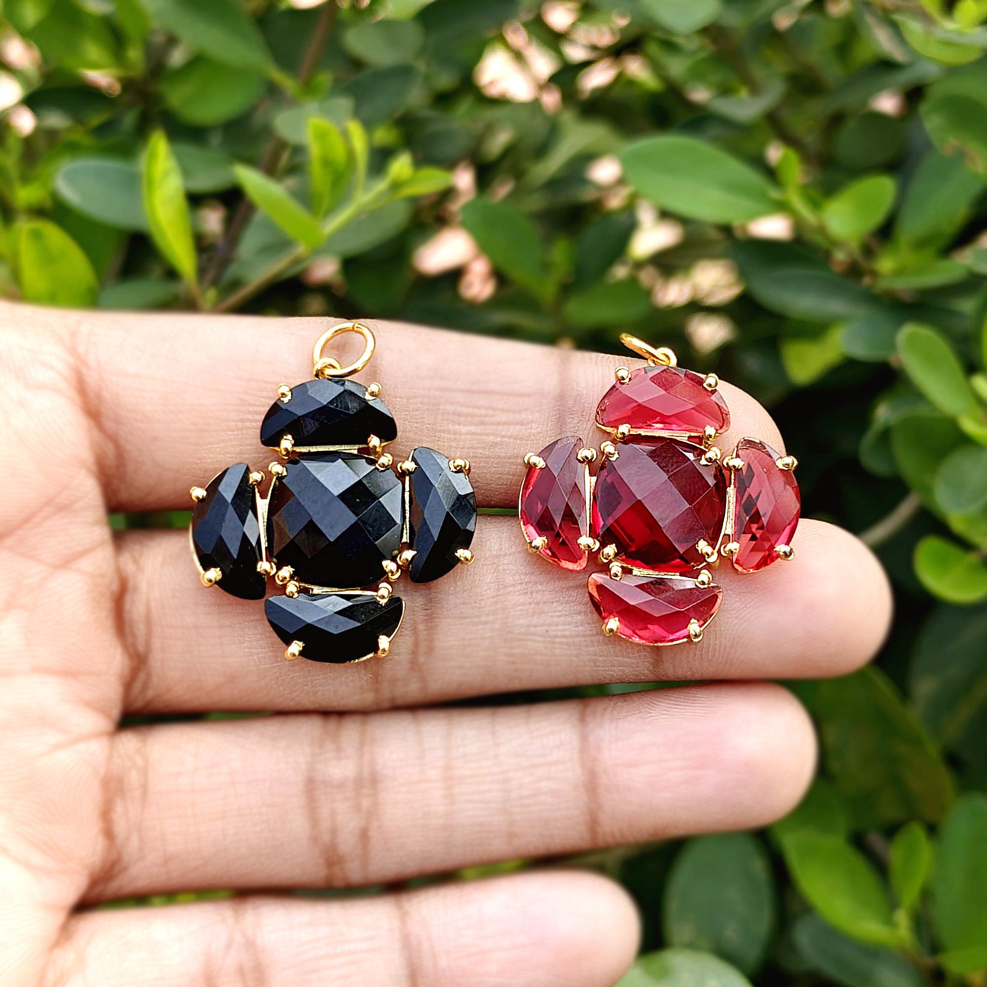 Ruby Quartz Black Onyx Pendant, Gold Plated Prong Set Gemstone