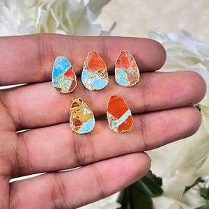 Orange Blue Copper Mohave Turquoise Charm Connectors, Gold Electroplated Side Drilled Gemstone Turquoise Jewelry Making Finding 5 Pcs Lot