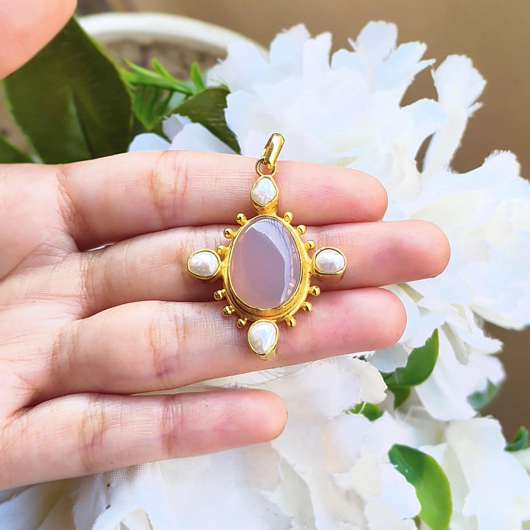 Gold Plated Pink Chalcedony Pendant, Pearl Accent Necklace Charm Jewelry